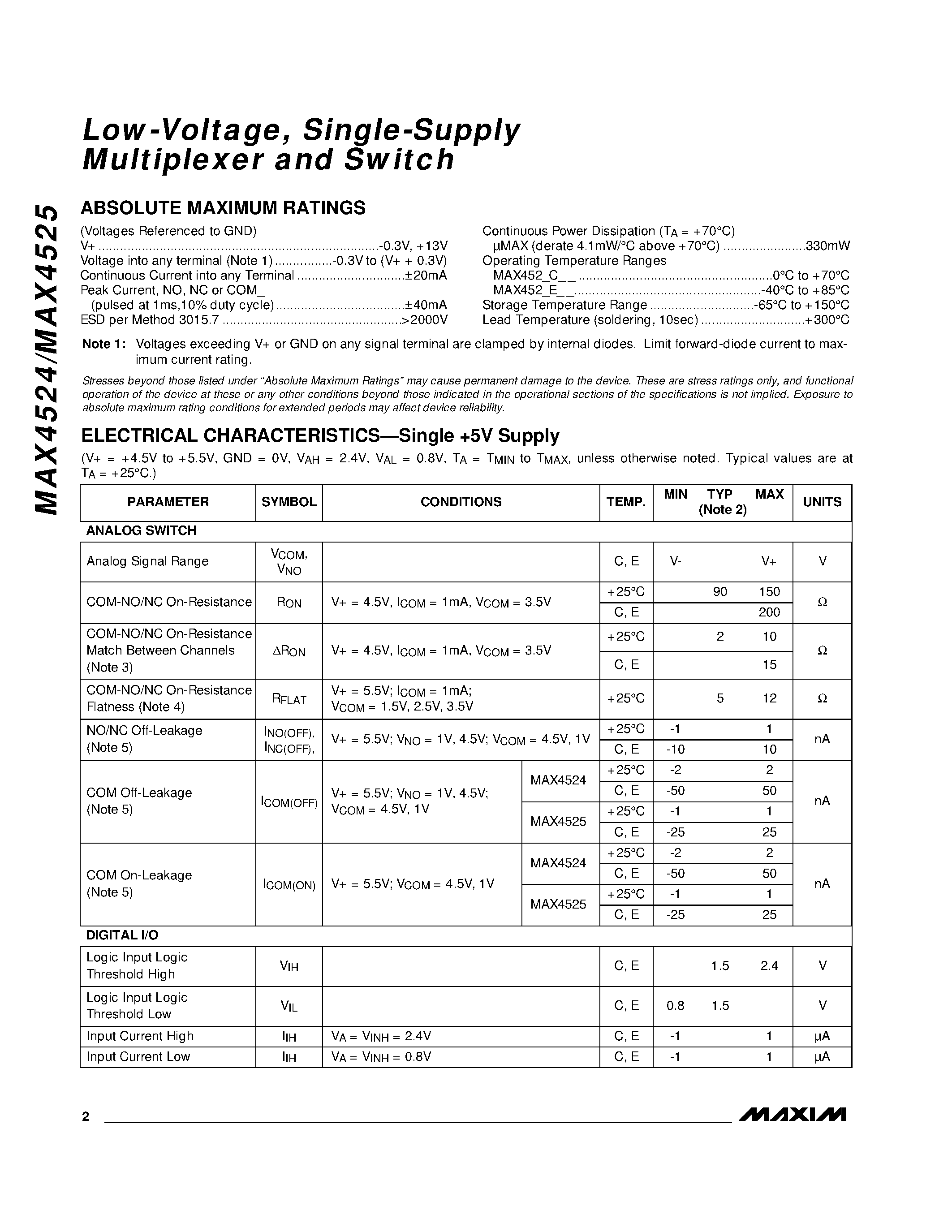 Datasheet MAX4524 page 2 Datasheet MAX4524 - Low-Voltage / Single-Supply Multiplexer and Switch page 2