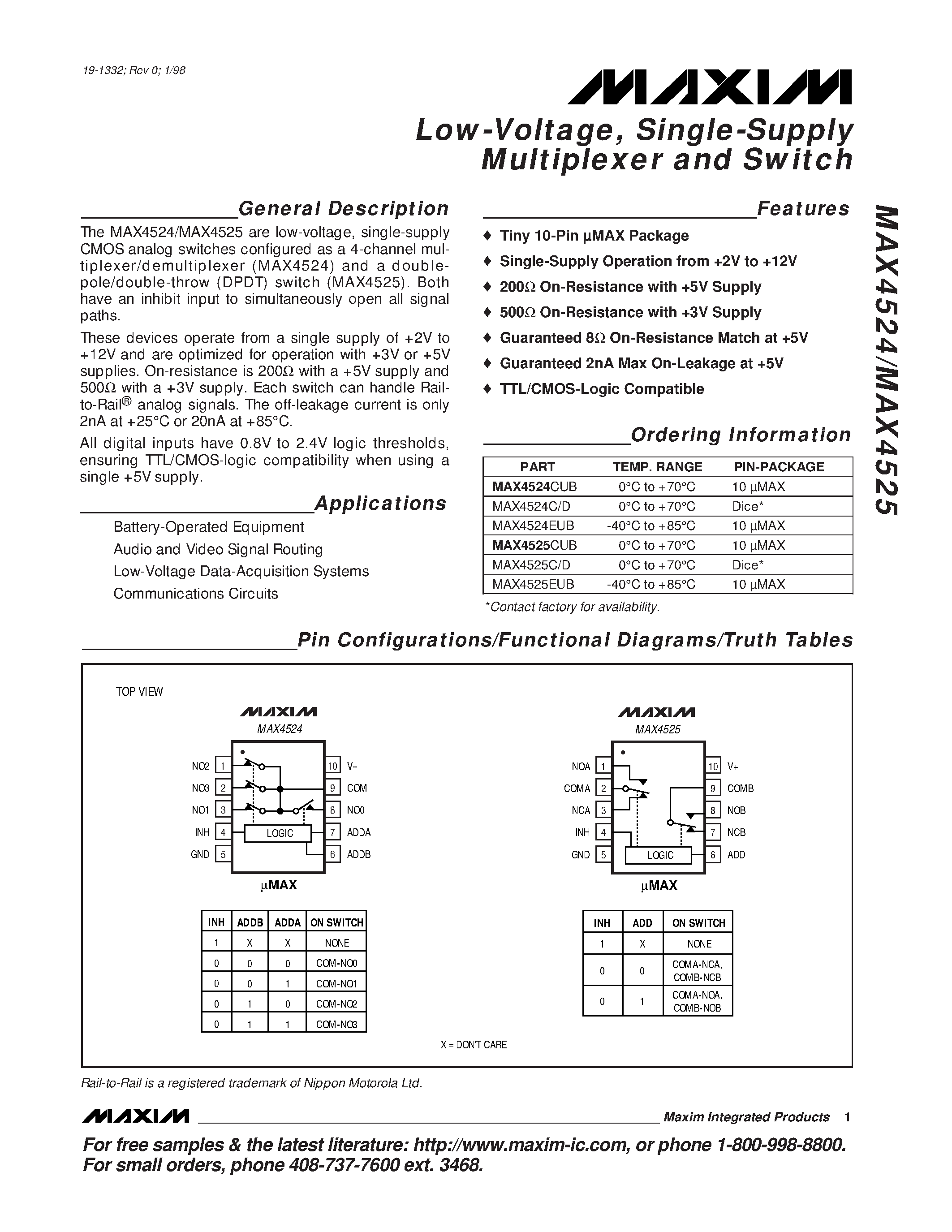 Datasheet MAX4525EUB page 1 Datasheet MAX4525EUB - Low-Voltage / Single-Supply Multiplexer and Switch page 1