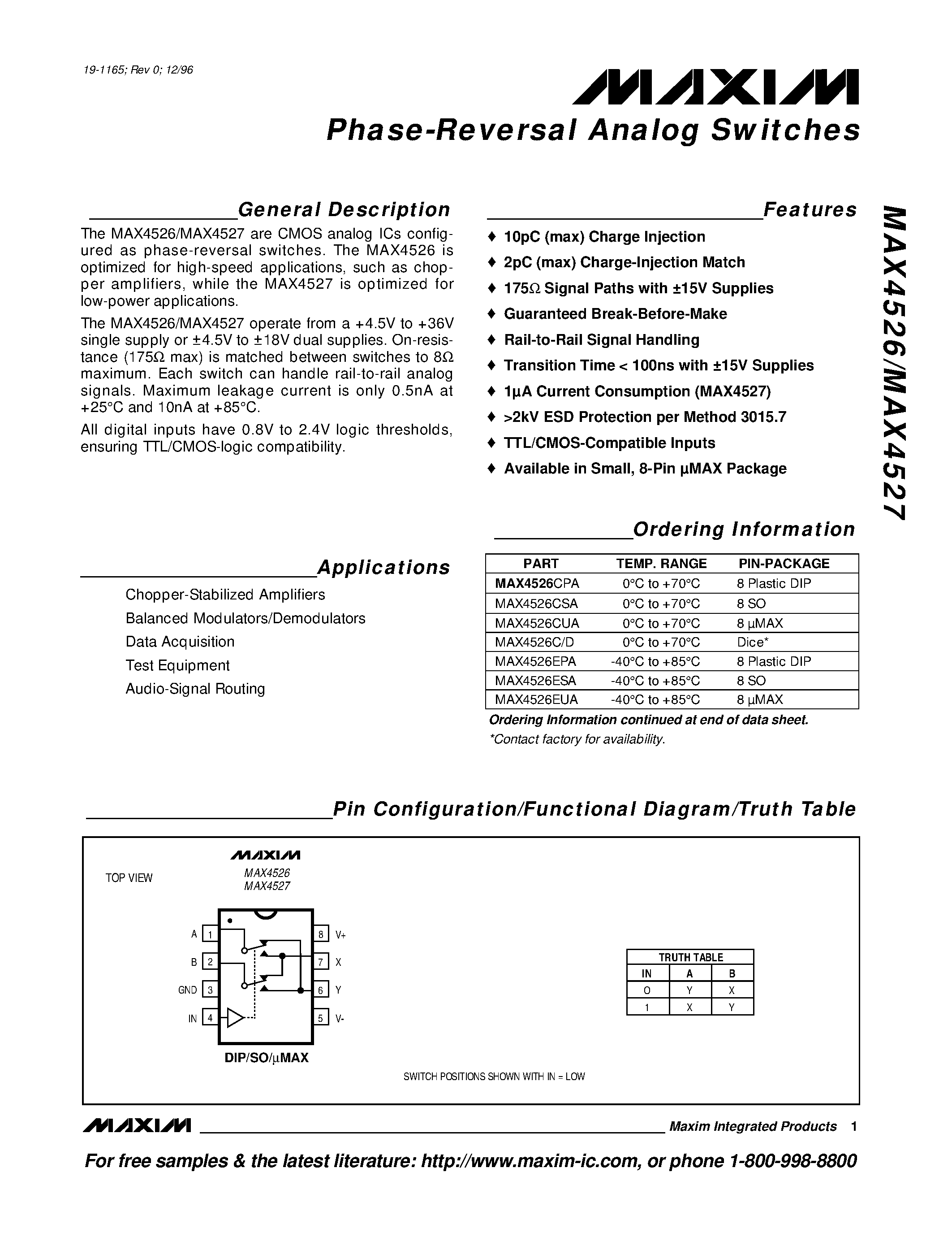 Datasheet MAX4526 page 1 Datasheet MAX4526 - Phase-Reversal Analog Switches page 1
