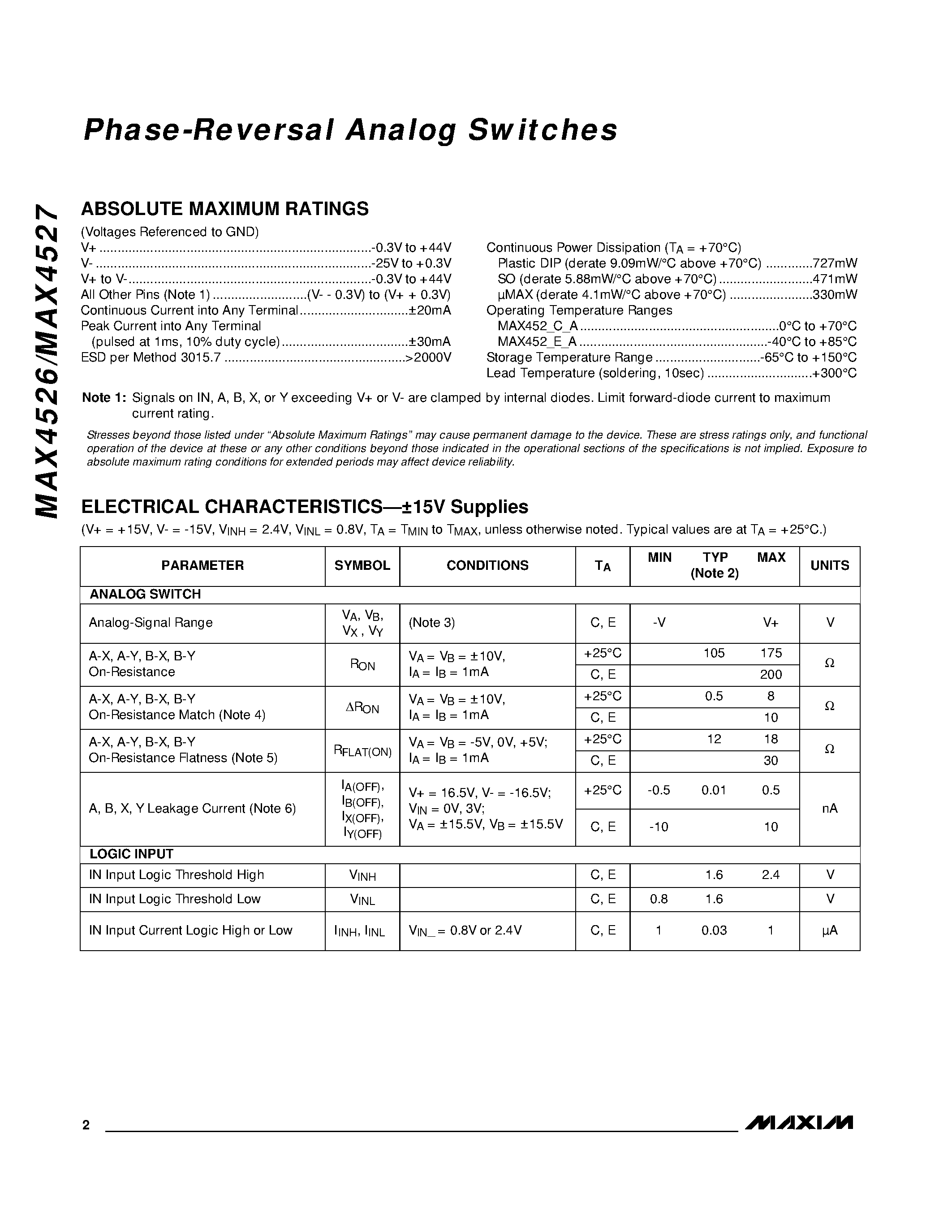 Datasheet MAX4526EPA - Phase-Reversal Analog Switches page 2