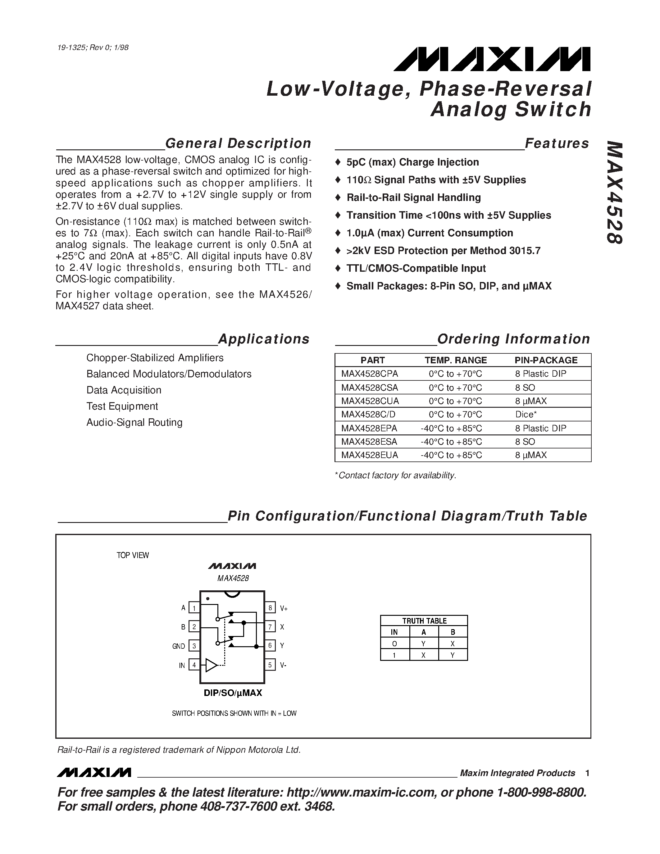 Datasheet MAX4528EUA - Low-Voltage / Phase-Reversal Analog Switch page 1