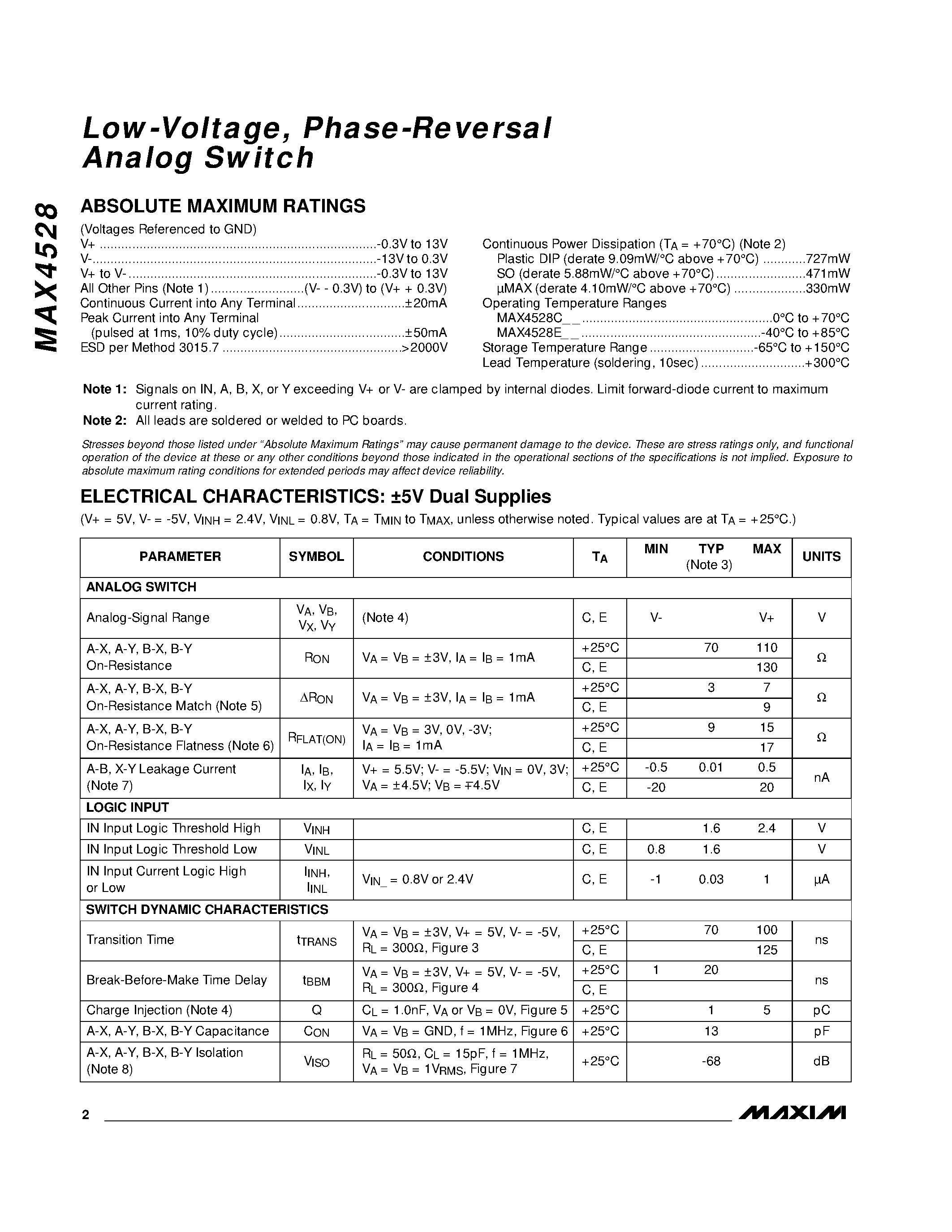 Datasheet MAX4528EUA - Low-Voltage / Phase-Reversal Analog Switch page 2
