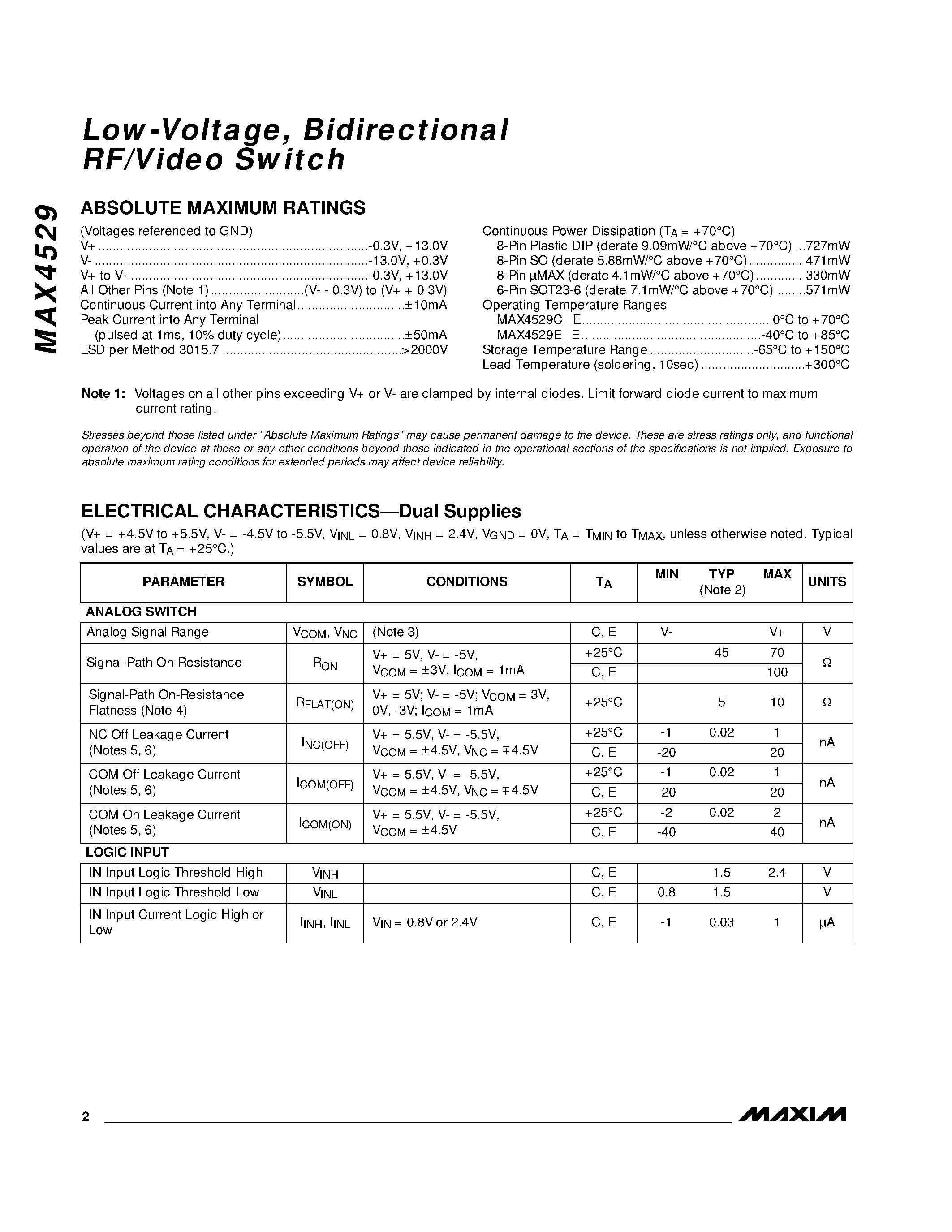 Datasheet MAX4529CPA - Low-Voltage / Bidirectional RF/Video Switch page 2