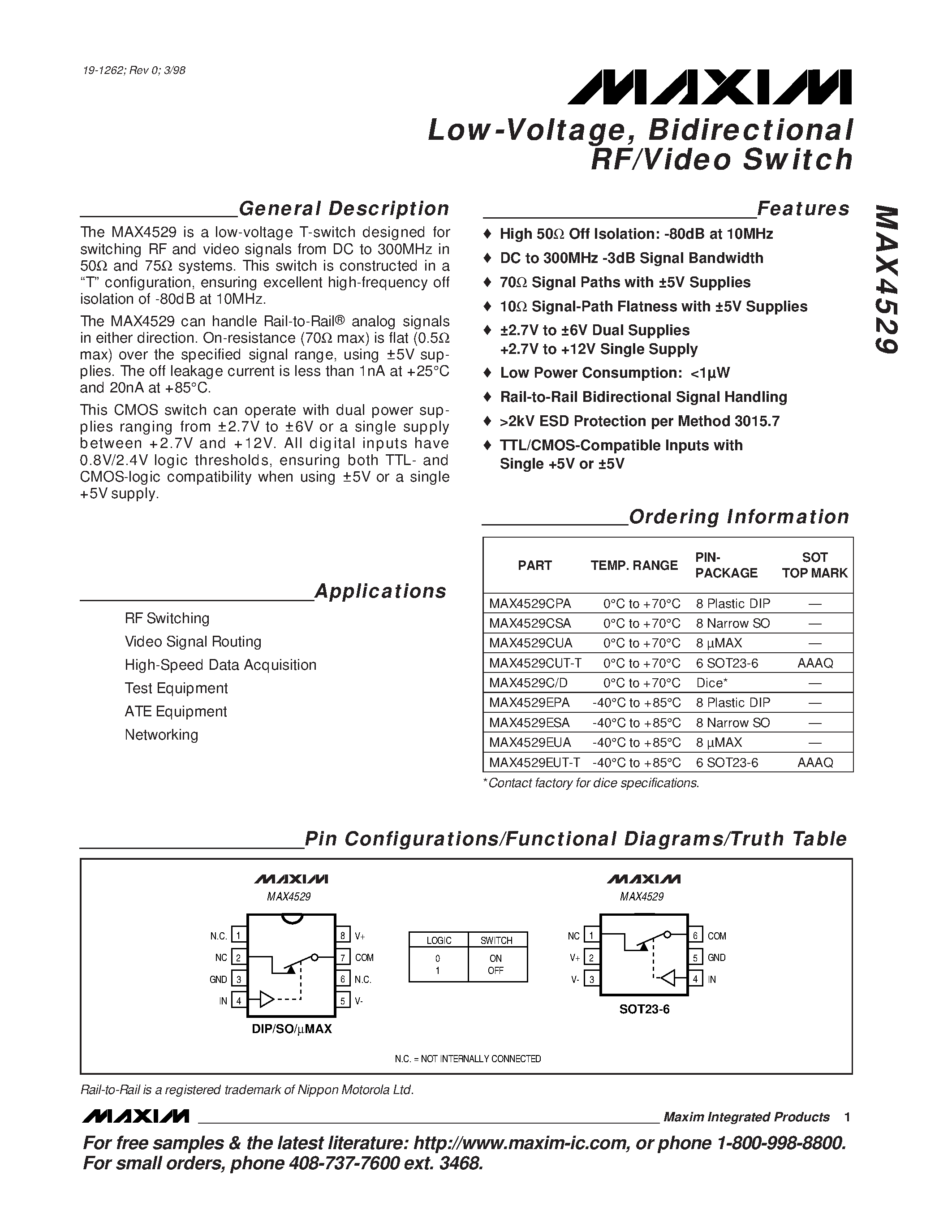 Datasheet MAX4529CSA - Low-Voltage / Bidirectional RF/Video Switch page 1