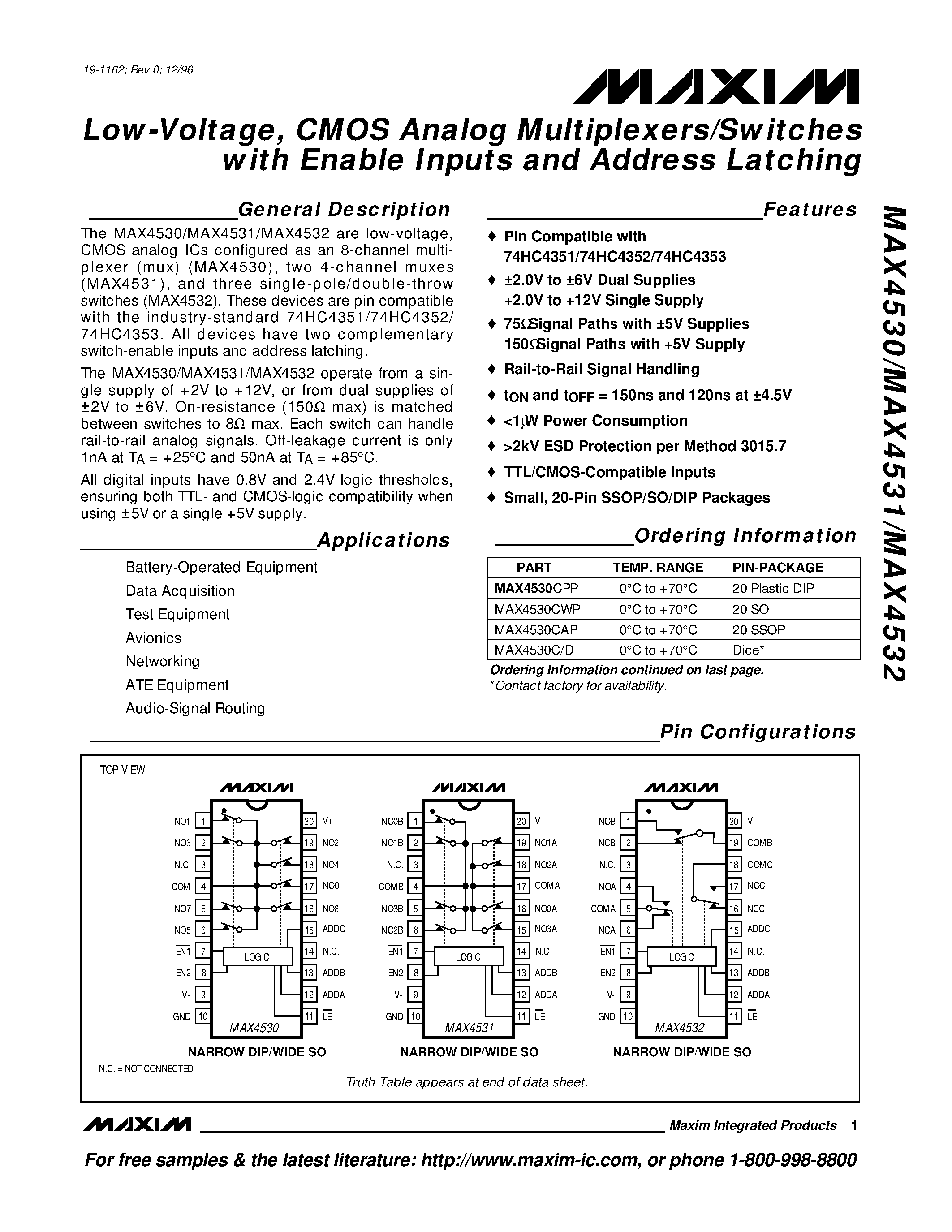 Datasheet MAX4531EAP - Low-Voltage / CMOS Analog Multiplexers/Switches with Enable Inputs and Address Latching page 1