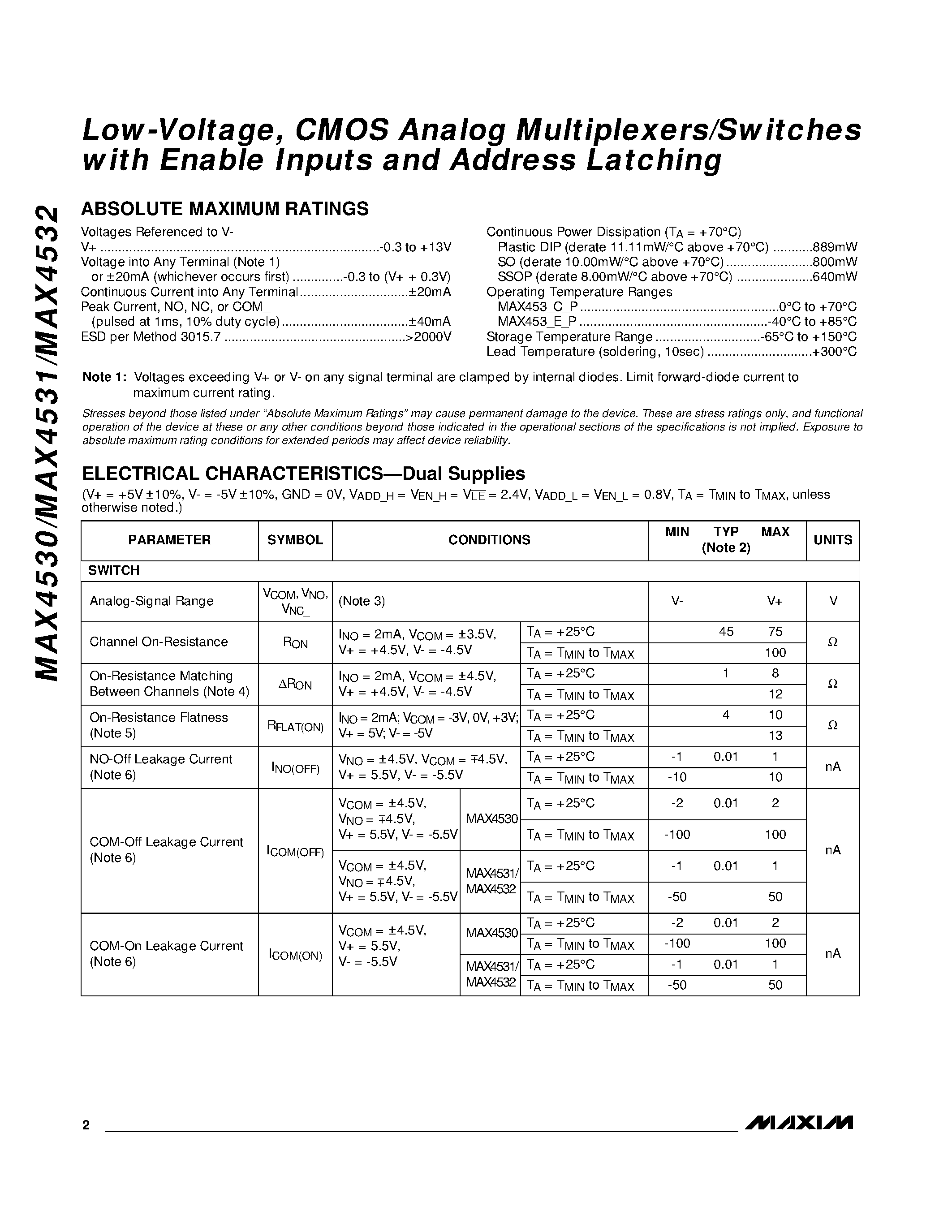 Datasheet MAX4532CWP page 2 Datasheet MAX4532CWP - Low-Voltage / CMOS Analog Multiplexers/Switches with Enable Inputs and Address Latching page 2