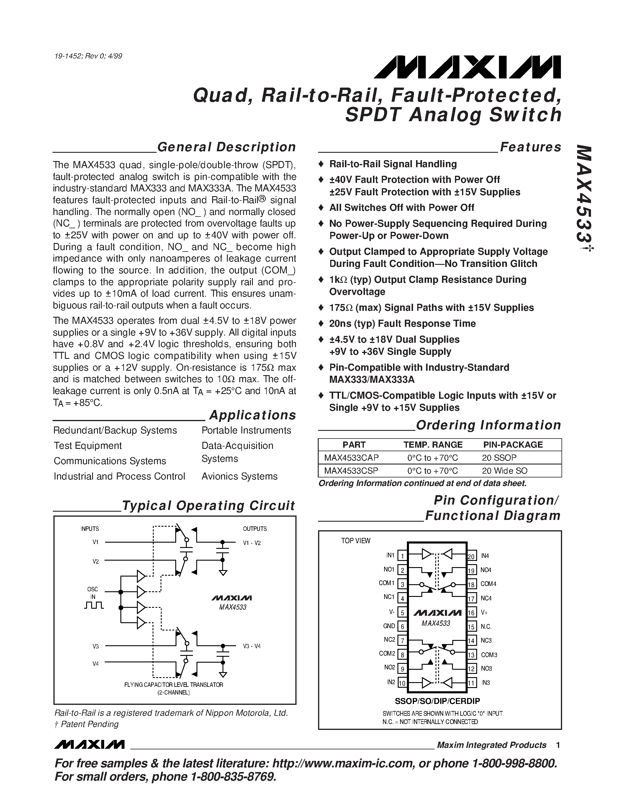 Datasheet MAX4533MJP page 1 Datasheet MAX4533MJP - Quad / Rail-to-Rail / Fault-Protected / SPDT Analog Switch page 1