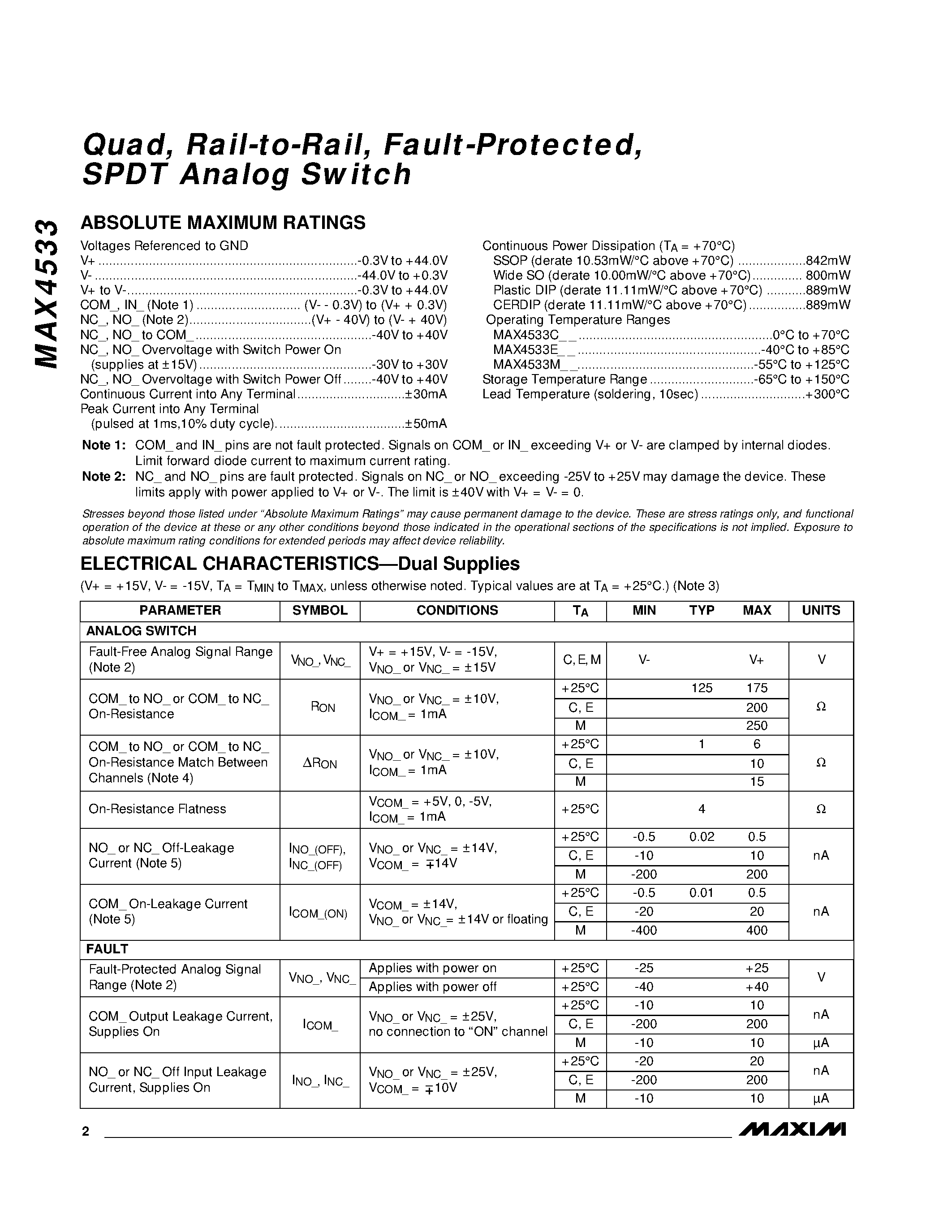 Datasheet MAX4533MJP page 2 Datasheet MAX4533MJP - Quad / Rail-to-Rail / Fault-Protected / SPDT Analog Switch page 2