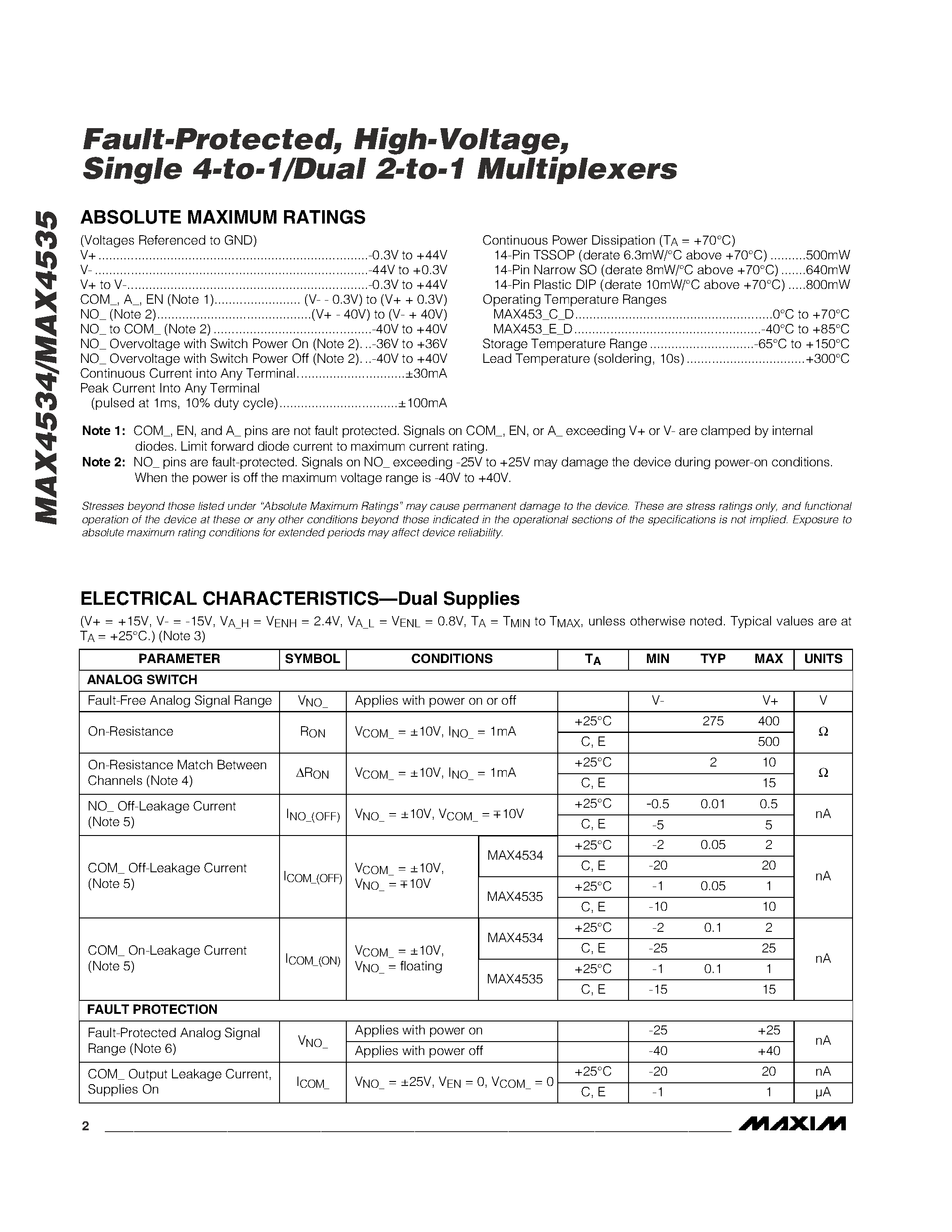 Datasheet MAX4534CSD - Fault-Protected / High-Voltage / Single 4-to-1/Dual 2-to-1 Multiplexers page 2