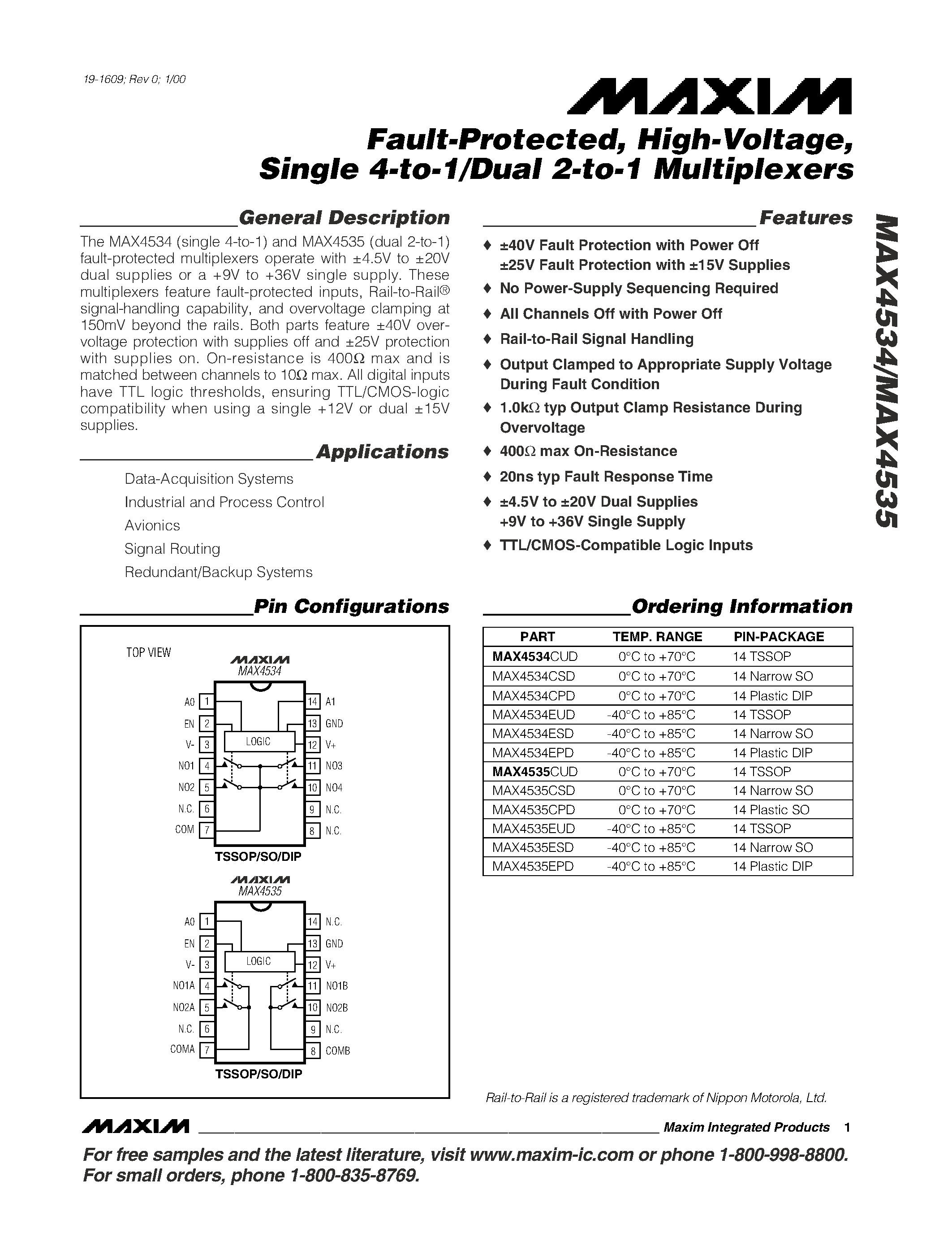 Datasheet MAX4534CUD - Fault-Protected / High-Voltage / Single 4-to-1/Dual 2-to-1 Multiplexers page 1