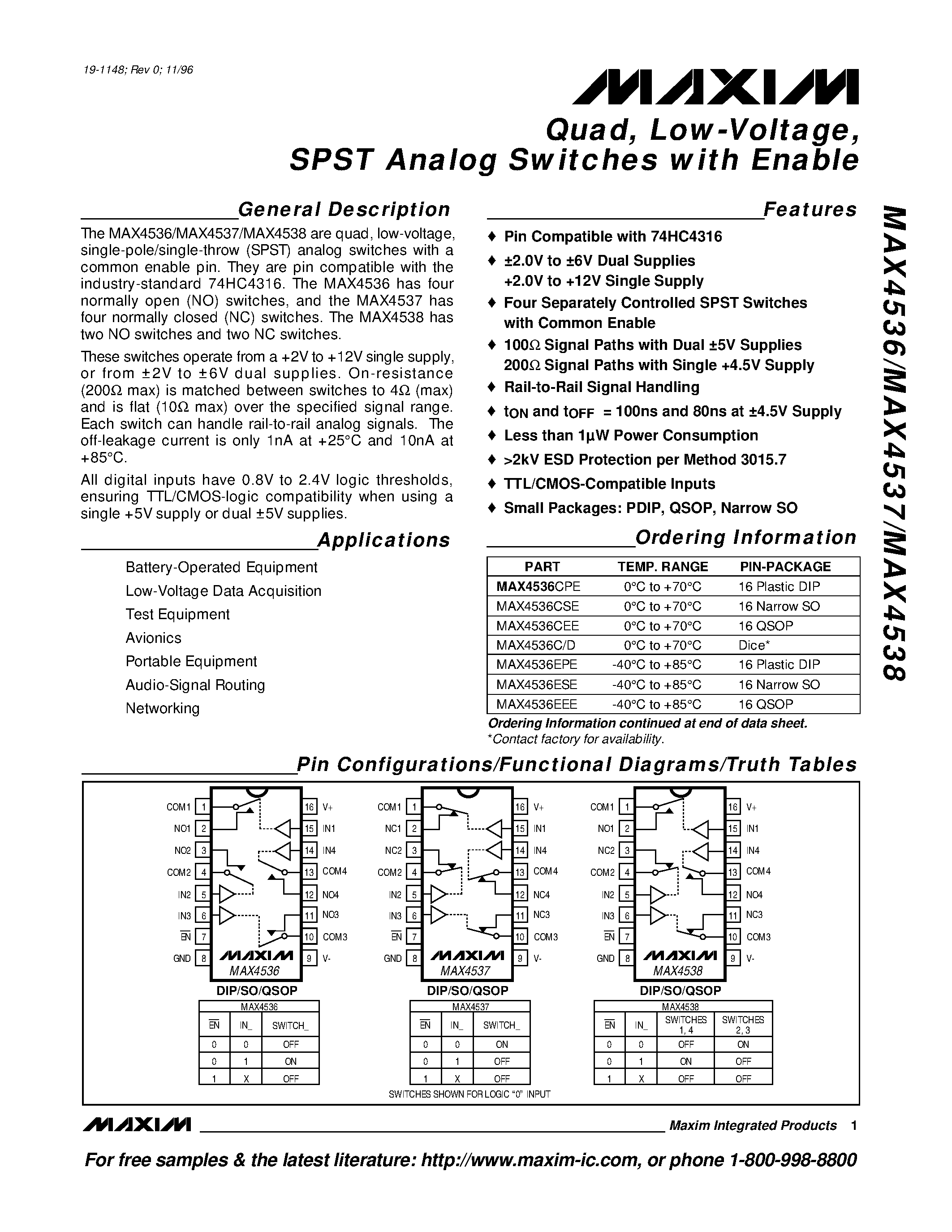 Datasheet MAX4537ESE - Quad / Low-Voltage / SPST Analog Switches with Enable page 1