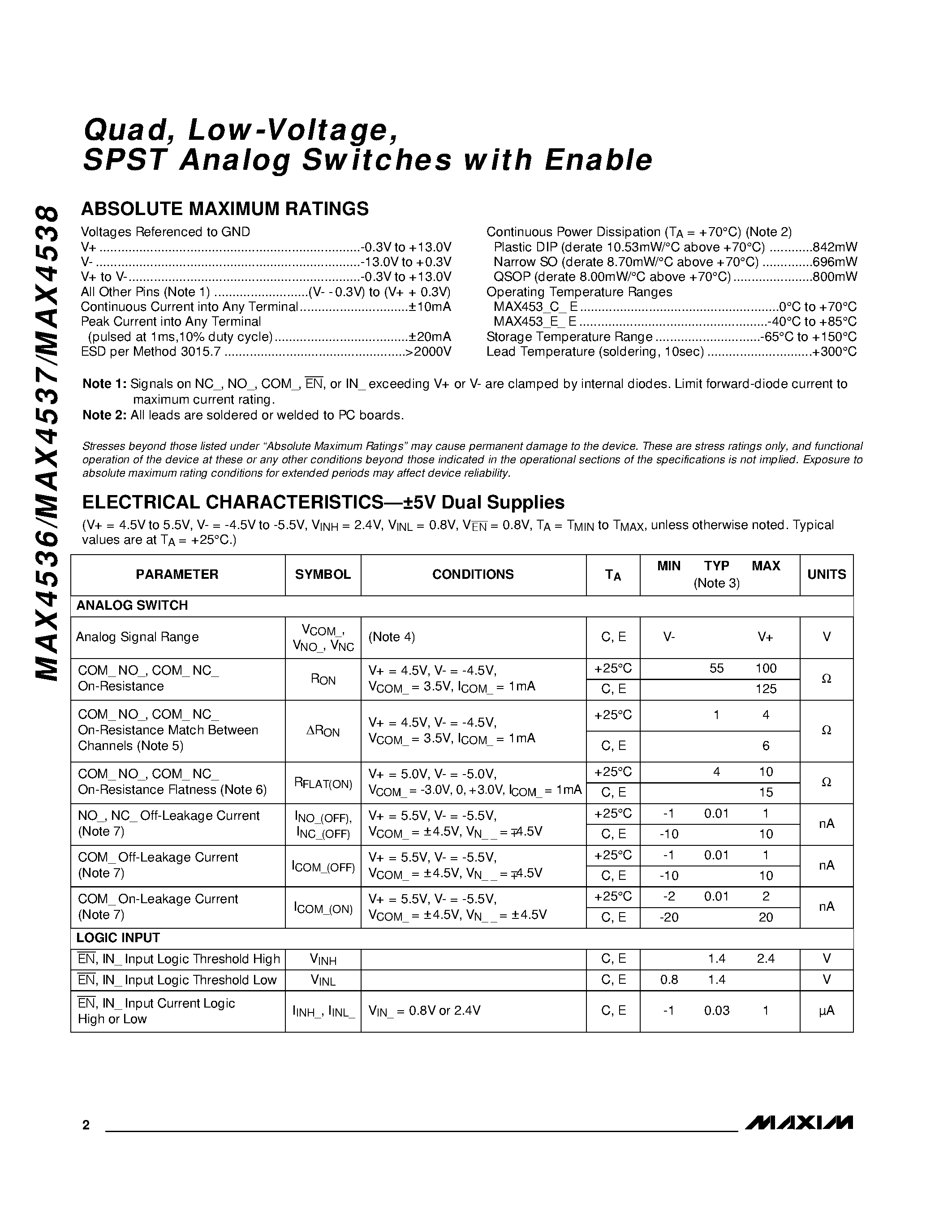 Datasheet MAX4537ESE - Quad / Low-Voltage / SPST Analog Switches with Enable page 2