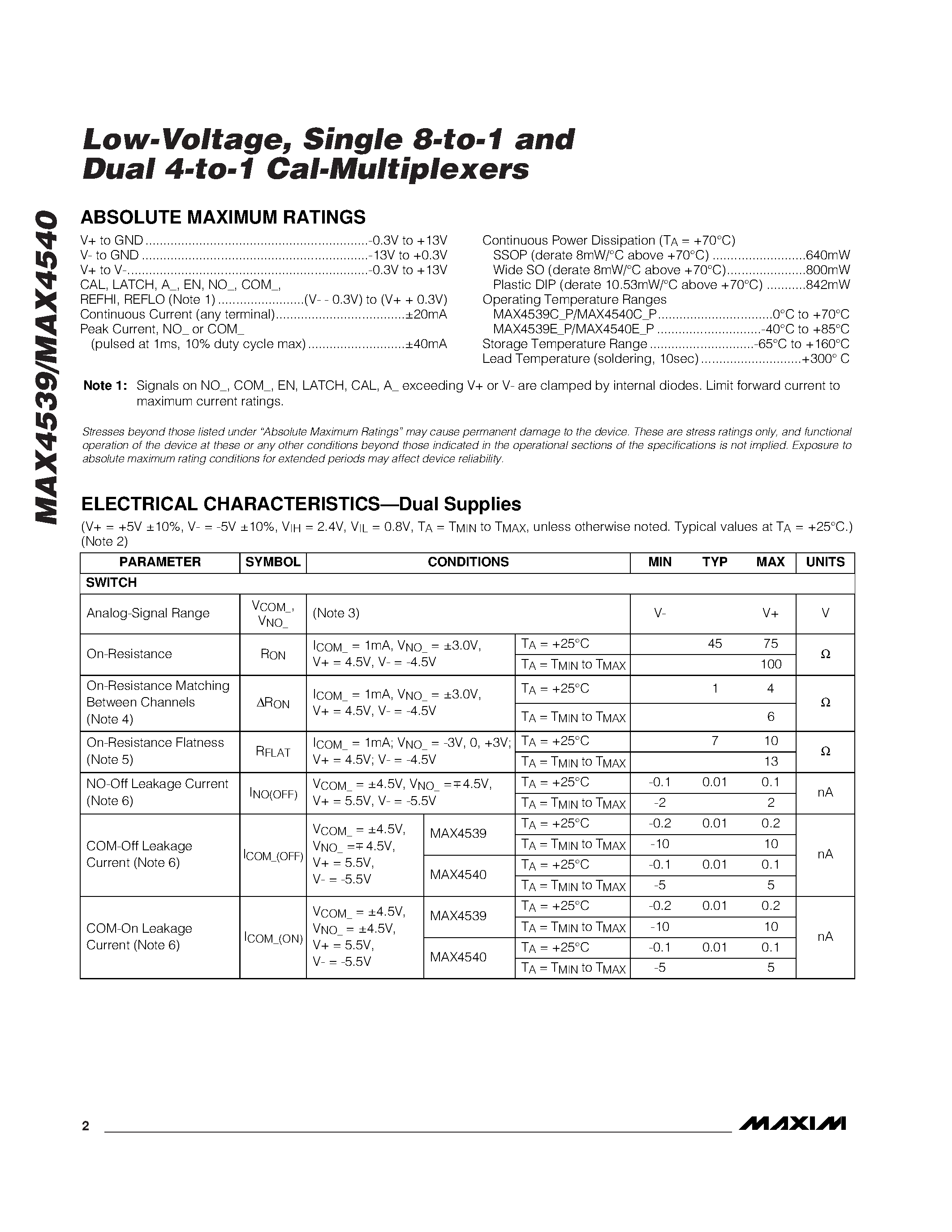 Datasheet MAX4539 - Low-Voltage / Single 8-to-1 and Dual 4-to-1 Cal-Multiplexers page 2