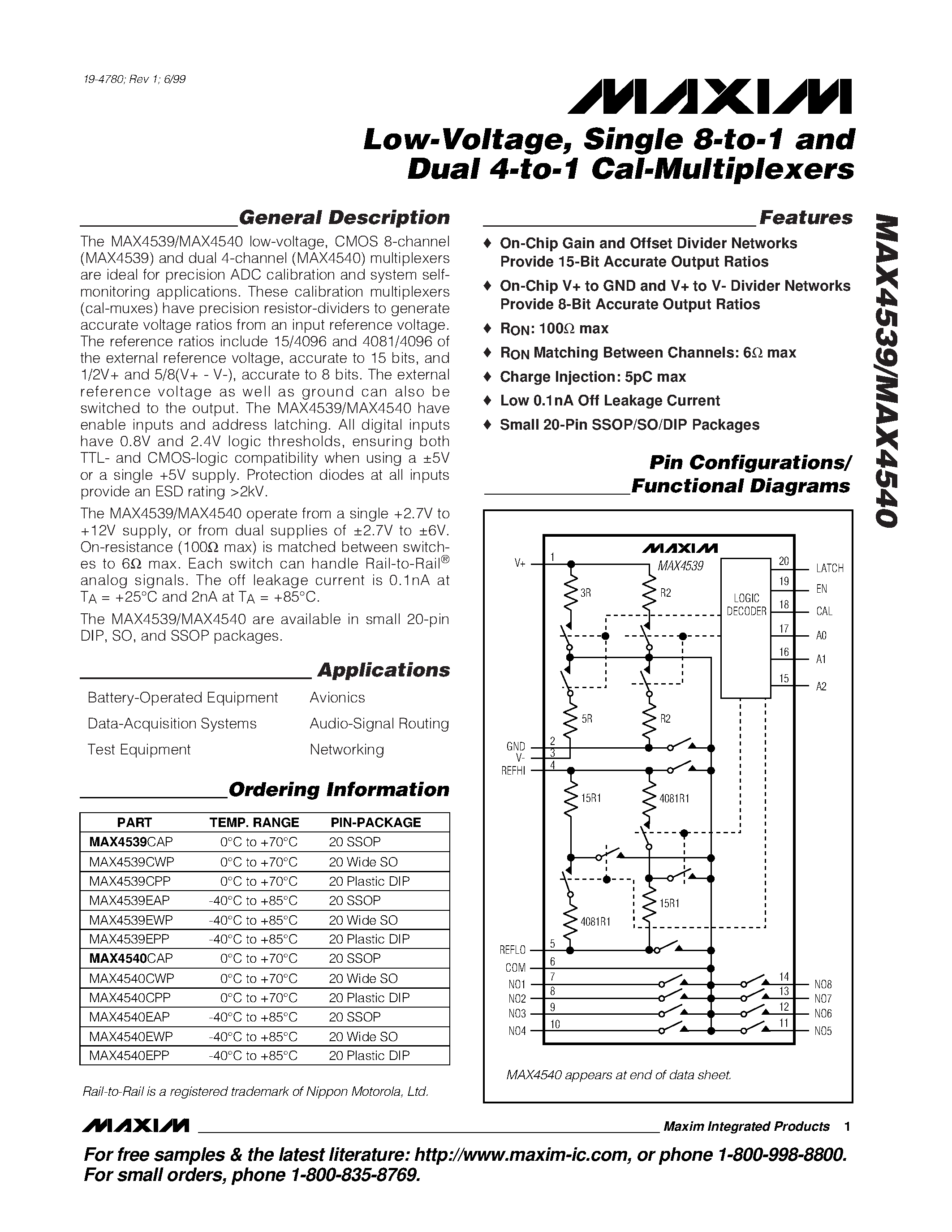 Datasheet MAX4540 - Low-Voltage / Single 8-to-1 and Dual 4-to-1 Cal-Multiplexers page 1