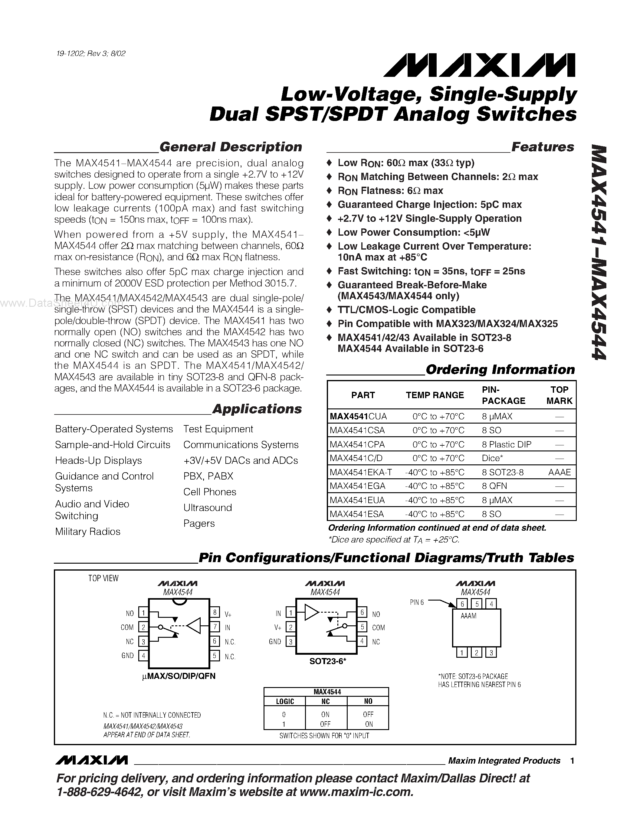 Datasheet MAX4542C/D page 1 Datasheet MAX4542C/D - Low-Voltage / Single-Supply Dual SPST/SPDT Analog Switches page 1