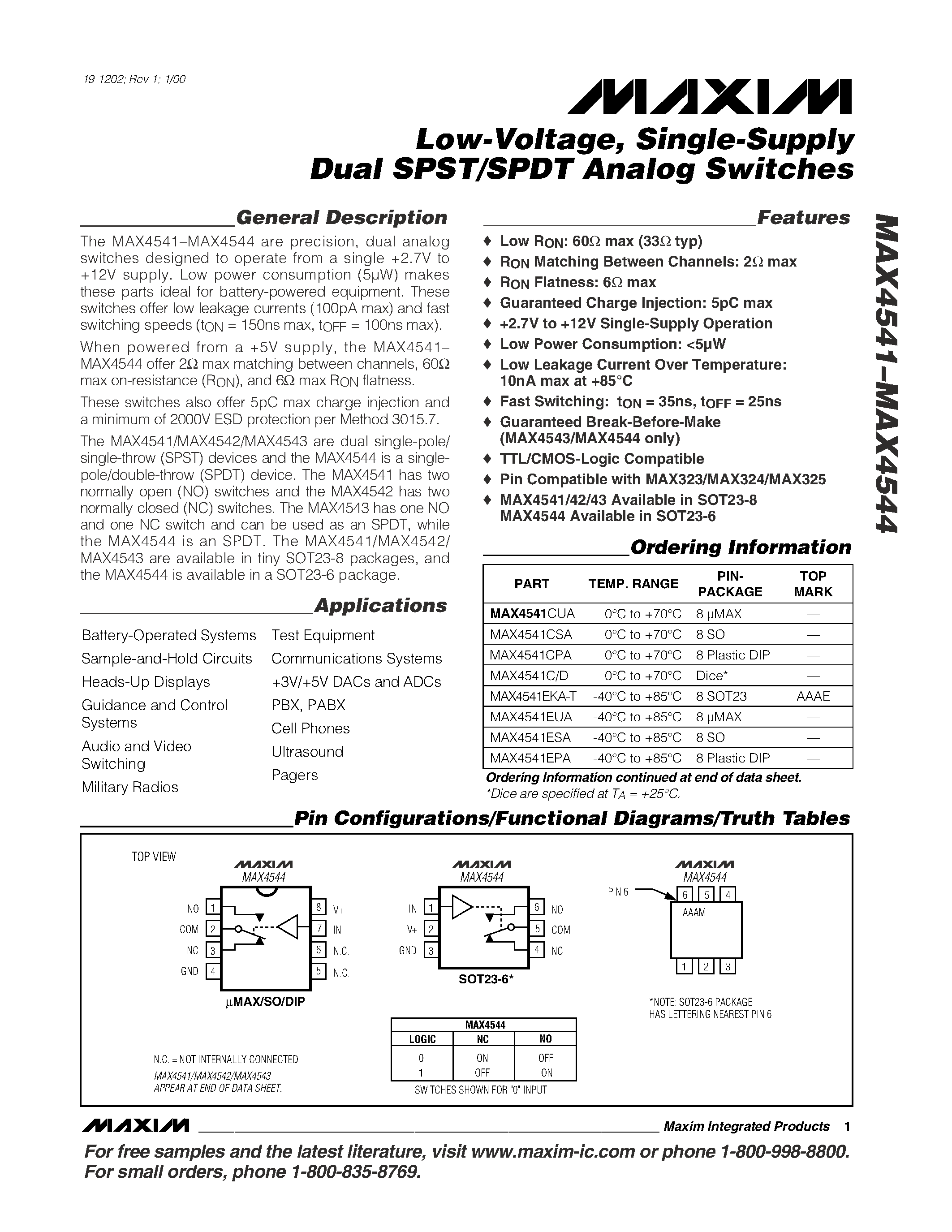 Datasheet MAX4542CSA page 1 Datasheet MAX4542CSA - Low-Voltage / Single-Supply Dual SPST/SPDT Analog Switches page 1