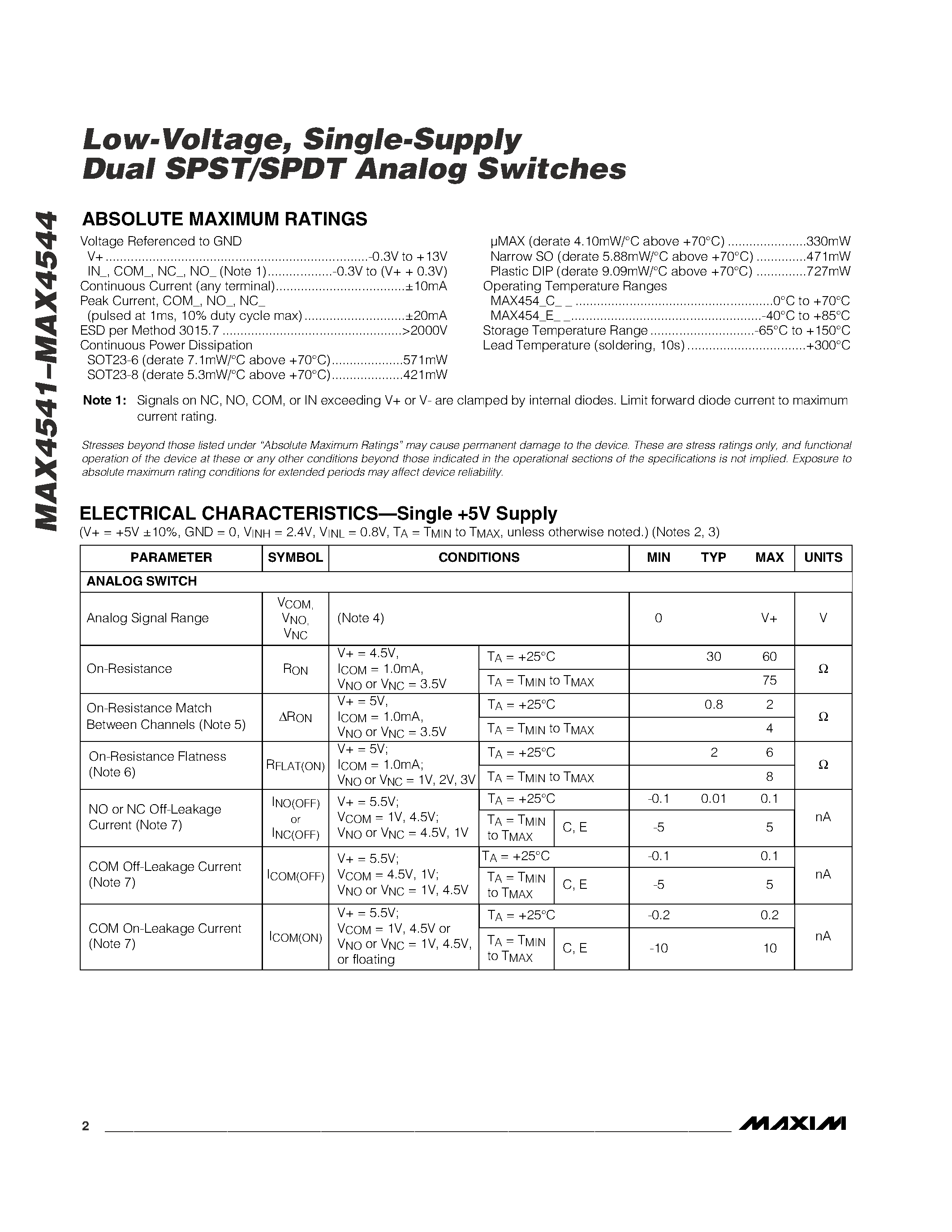 Datasheet MAX4542EPA page 2 Datasheet MAX4542EPA - Low-Voltage / Single-Supply Dual SPST/SPDT Analog Switches page 2