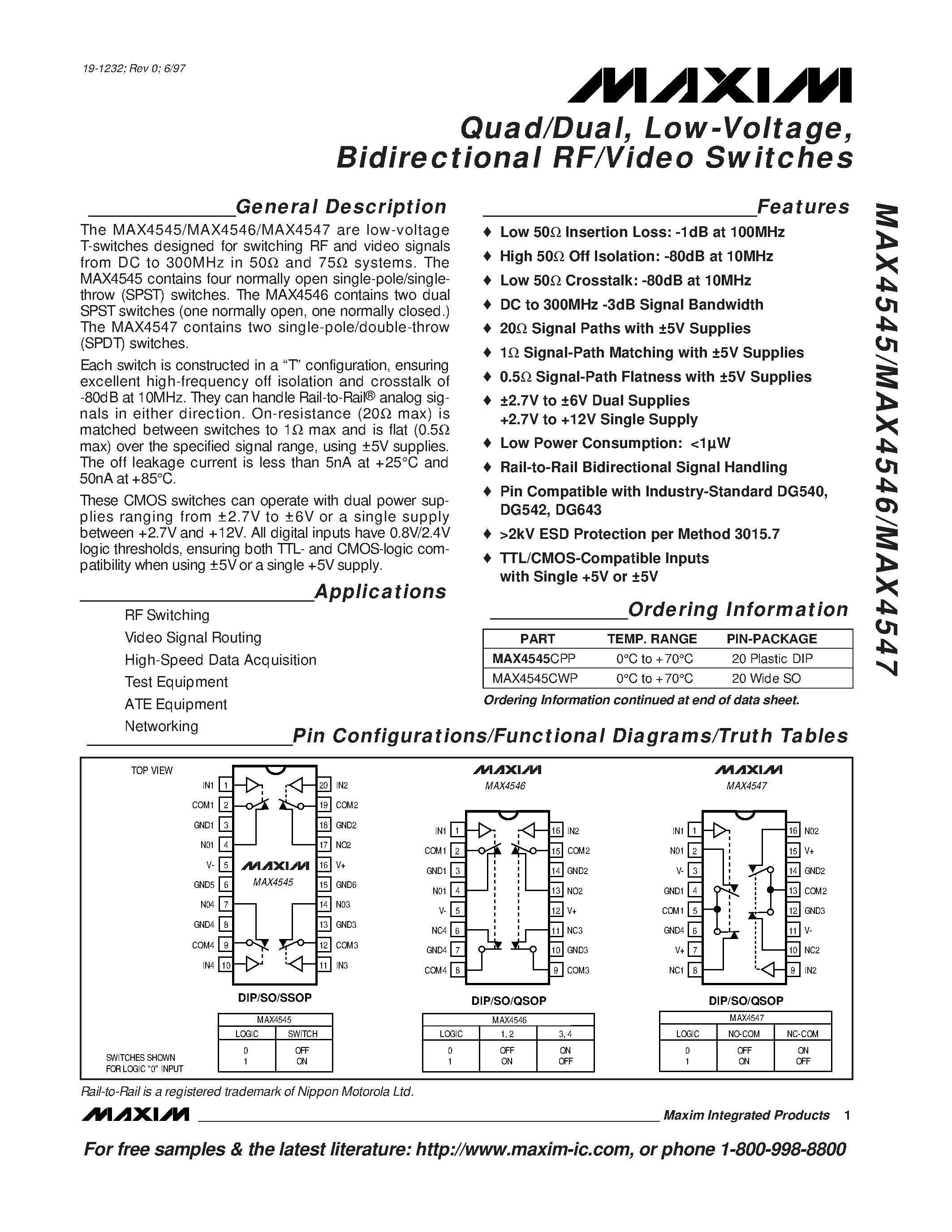 Datasheet MAX4546 page 1 Datasheet MAX4546 - Quad/Dual / Low-Voltage / Bidirectional RF/Video Switches page 1