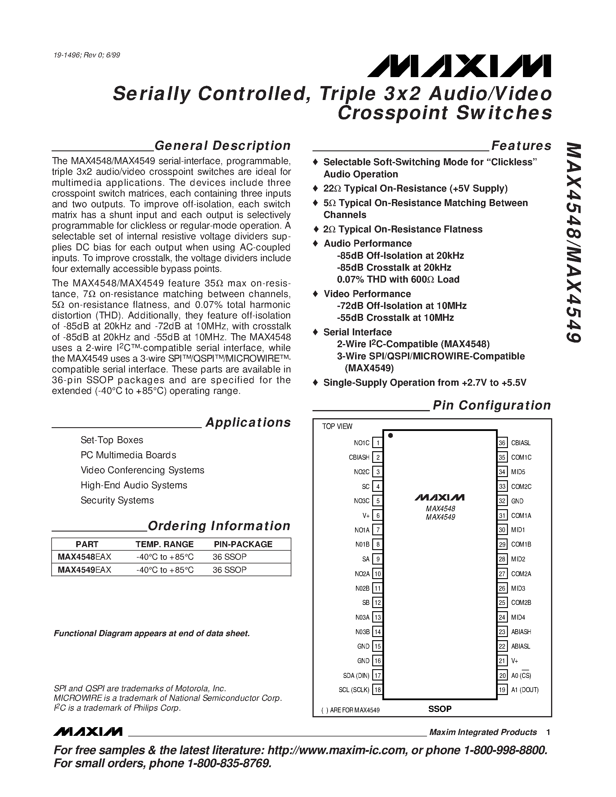 Datasheet MAX4548 page 1 Datasheet MAX4548 - Serially Controlled / Triple 3x2 Audio/Video Crosspoint Switches page 1