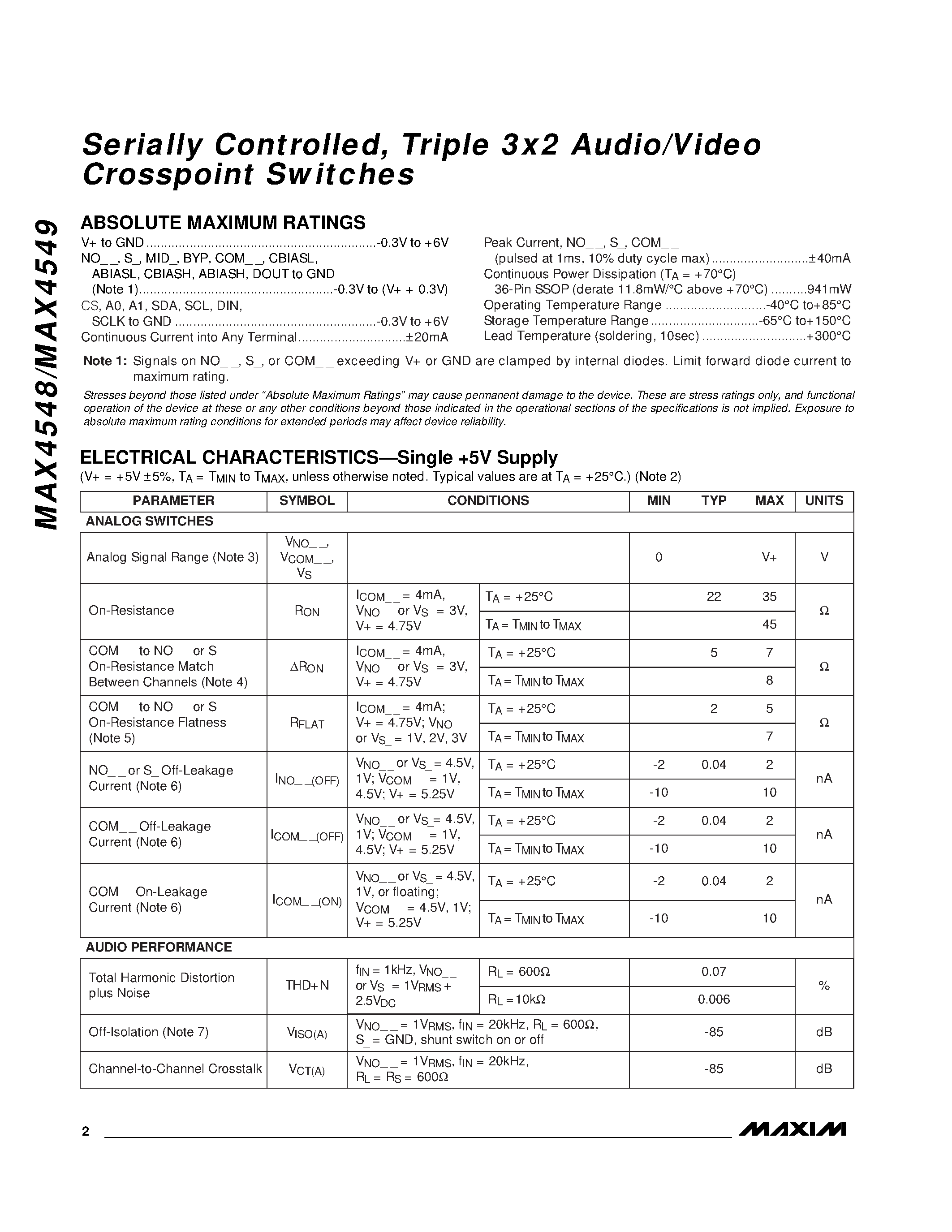Datasheet MAX4548 page 2 Datasheet MAX4548 - Serially Controlled / Triple 3x2 Audio/Video Crosspoint Switches page 2
