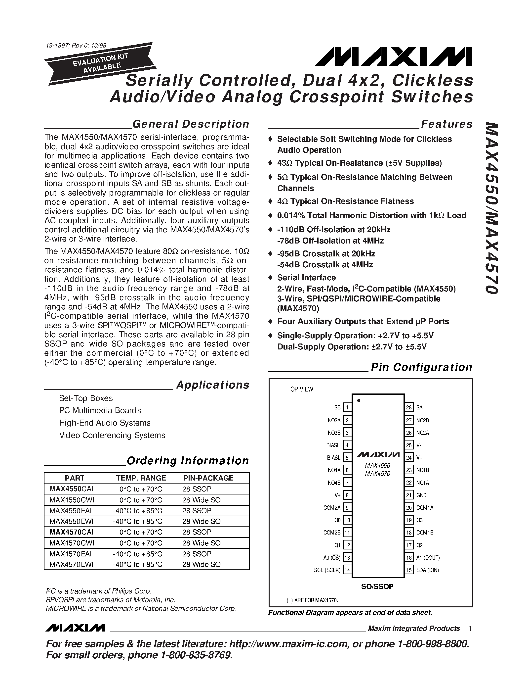 Datasheet MAX4550 page 1 Datasheet MAX4550 - Serially Controlled / Dual 4x2 / Clickless Audio/Video Analog Crosspoint Switches page 1