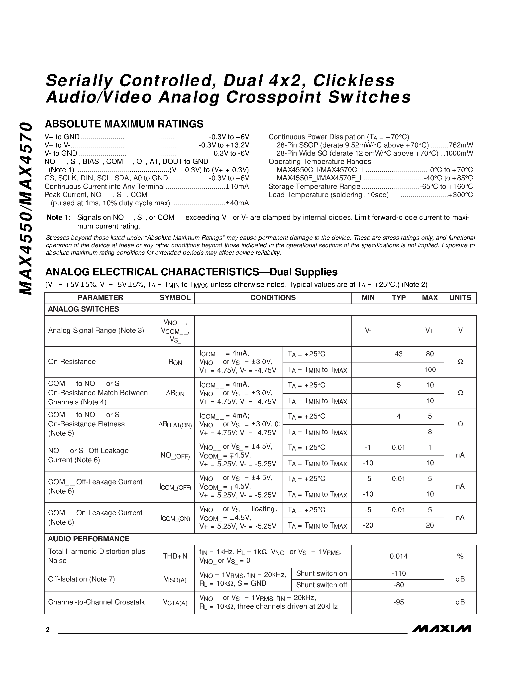 Datasheet MAX4550EWI - Serially Controlled / Dual 4x2 / Clickless Audio/Video Analog Crosspoint Switches page 2