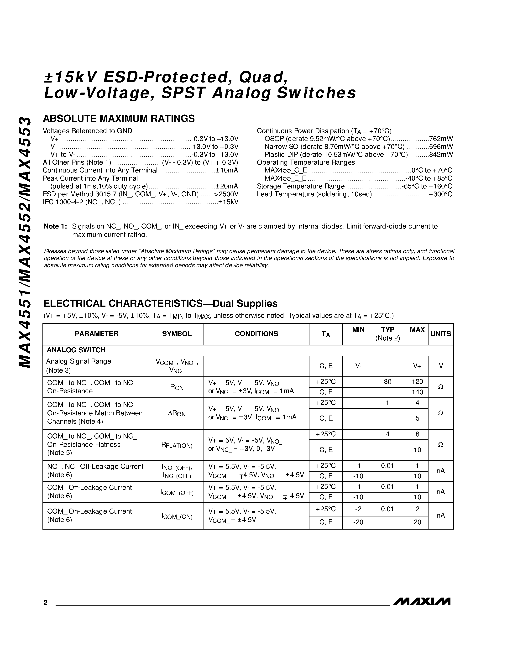 Datasheet MAX4551EEE - 15kV ESD-Protected / Quad / Low-Voltage / SPST Analog Switches page 2