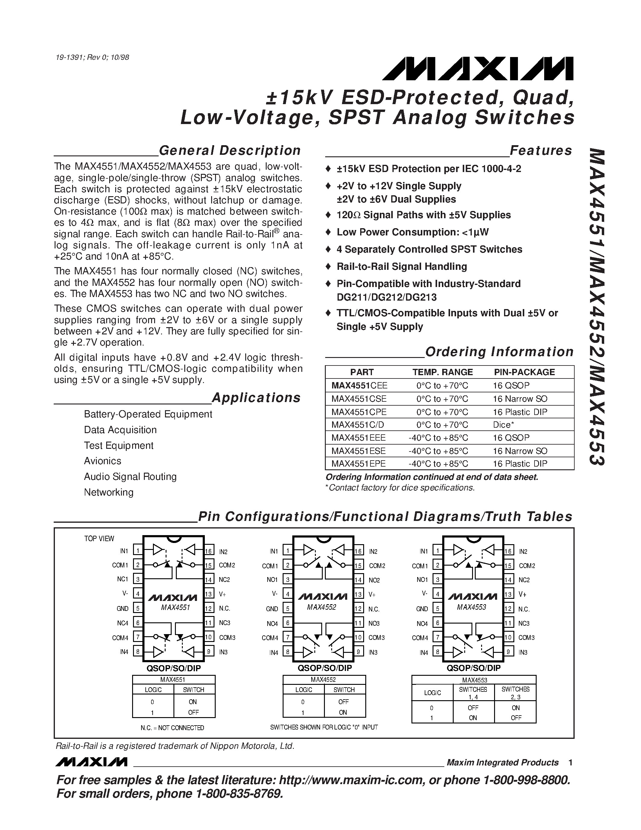 Datasheet MAX4552CEE - 15kV ESD-Protected / Quad / Low-Voltage / SPST Analog Switches page 1
