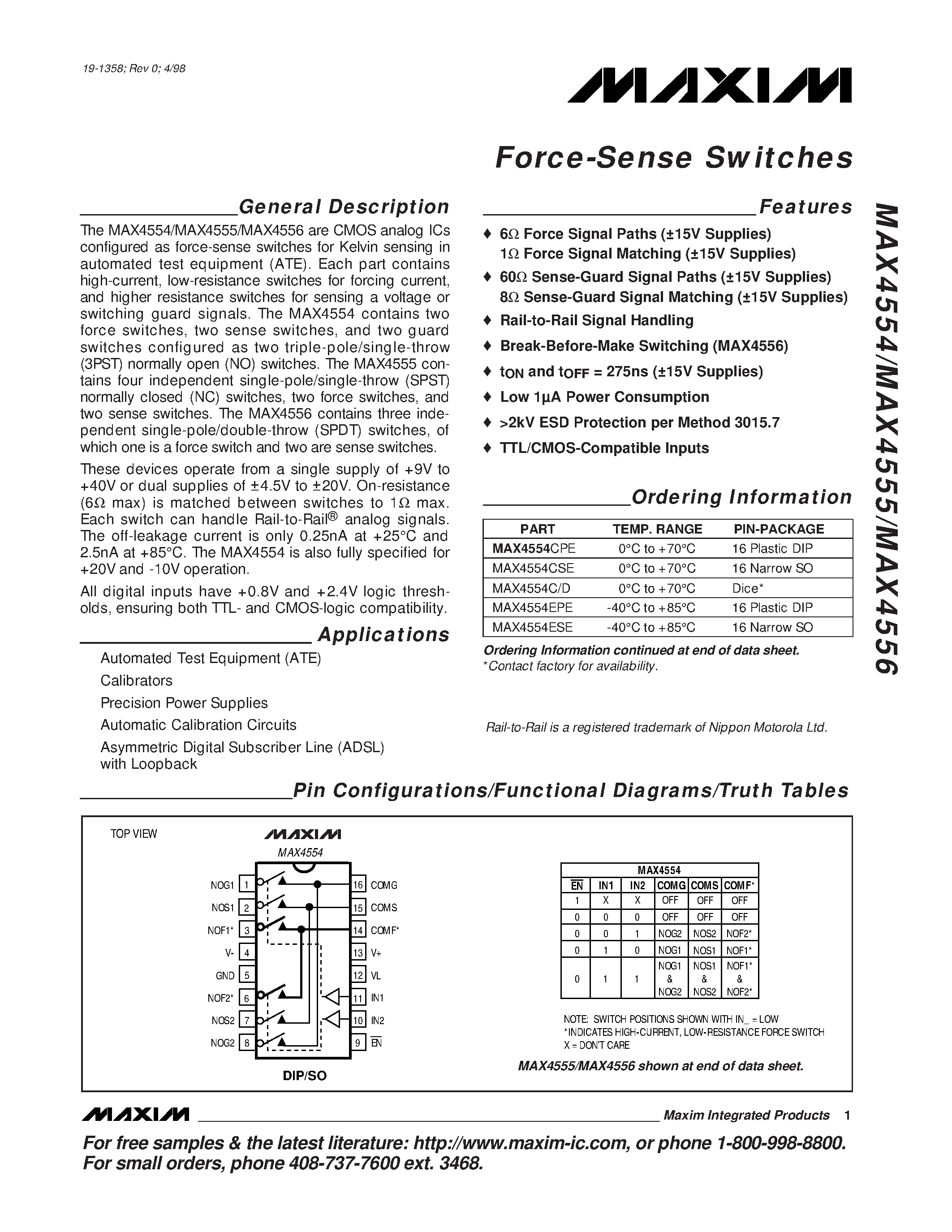 Datasheet MAX4554ESE page 1 Datasheet MAX4554ESE - Force-Sense Switches page 1