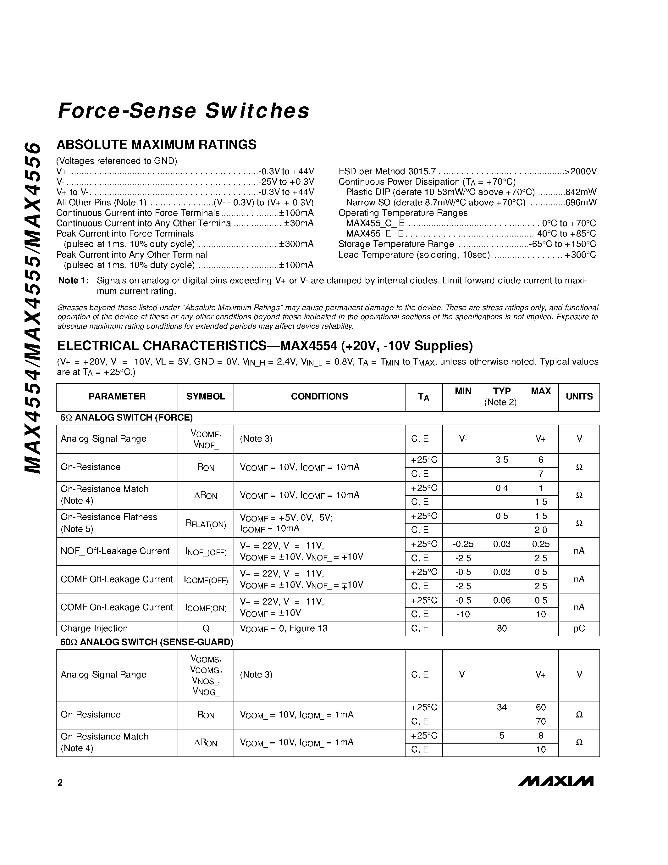 Datasheet MAX4556C/D page 2 Datasheet MAX4556C/D - Force-Sense Switches page 2