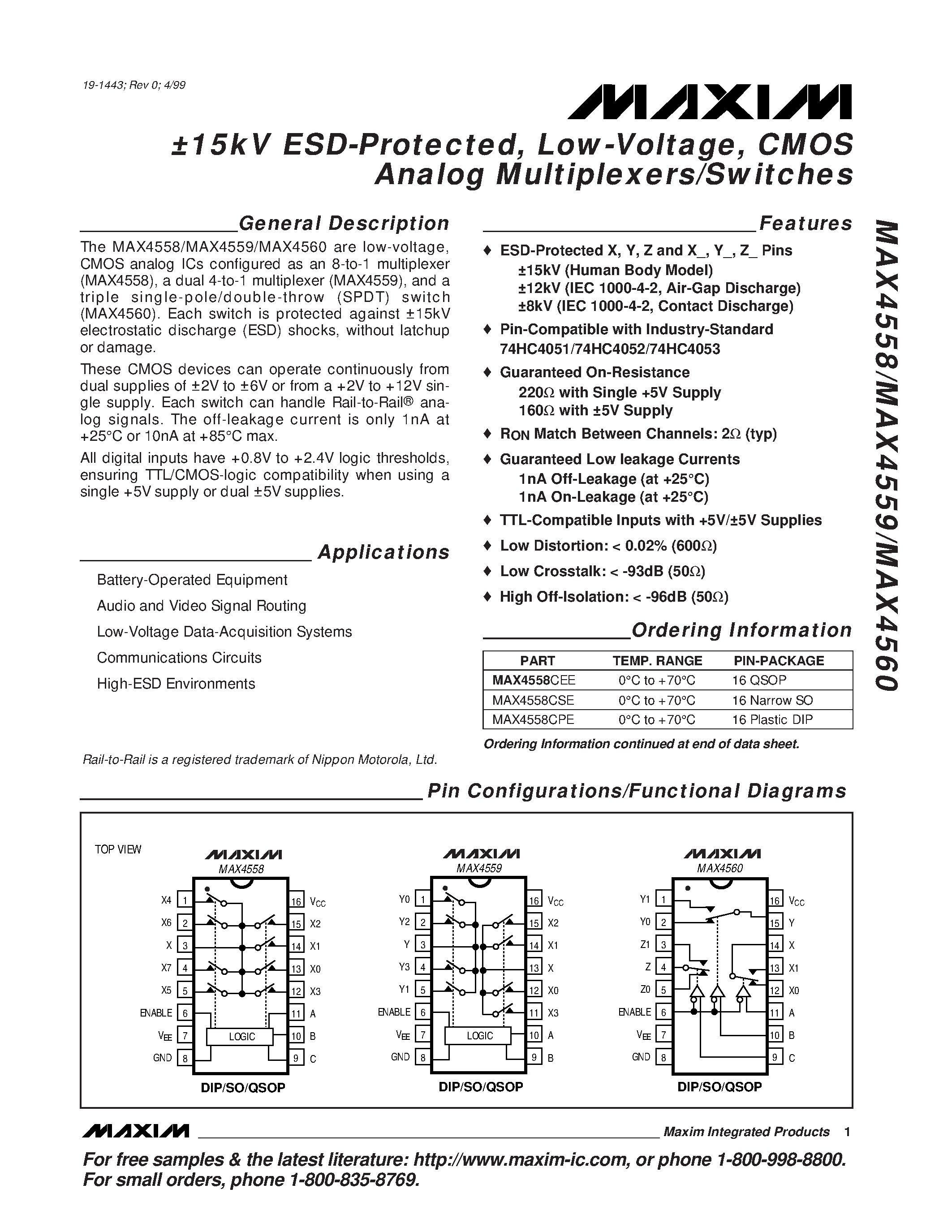 Datasheet MAX4558ESE page 1 Datasheet MAX4558ESE - 15kV ESD-Protected / Low-Voltage / CMOS Analog Multiplexers/Switches page 1