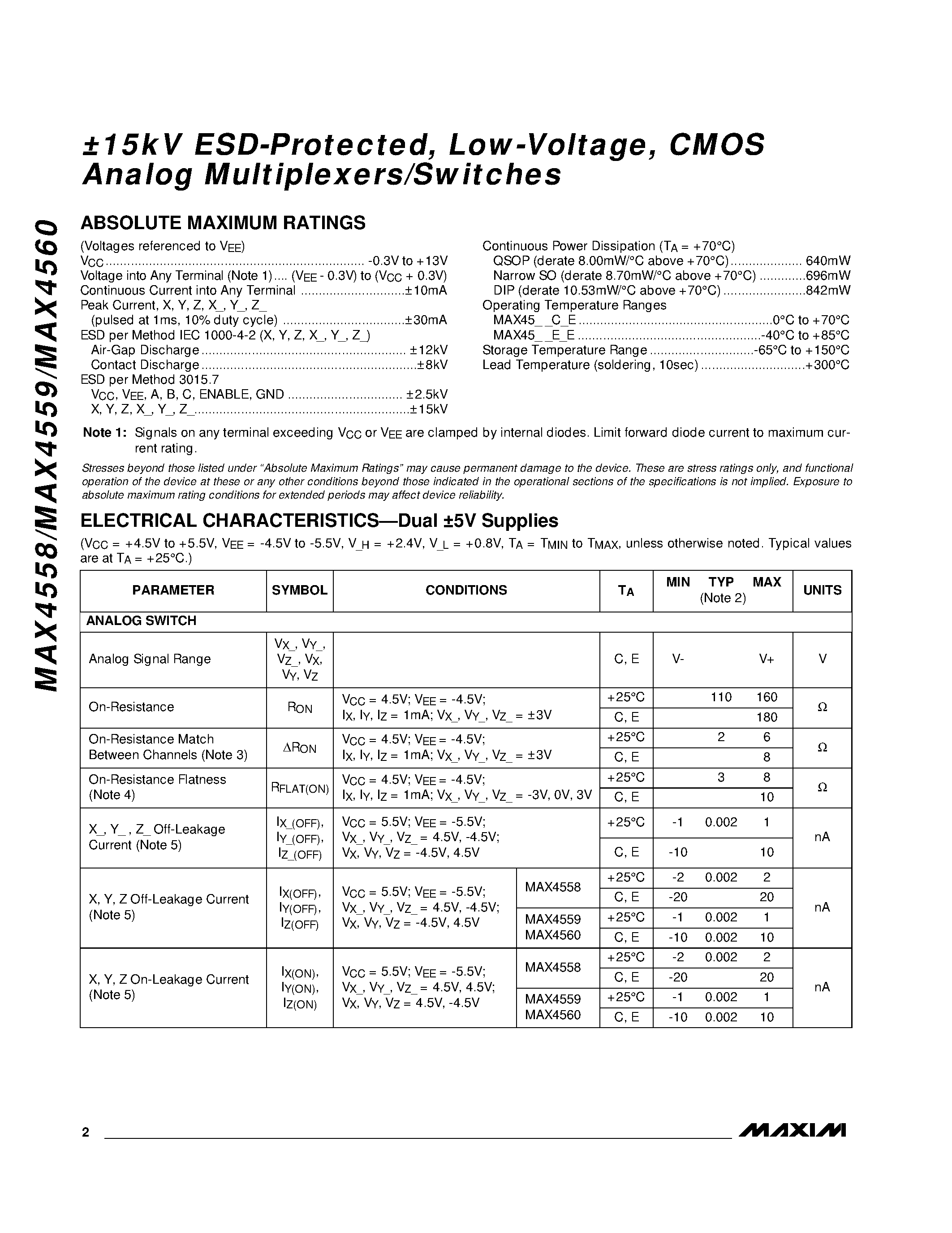 Datasheet MAX4558ESE page 2 Datasheet MAX4558ESE - 15kV ESD-Protected / Low-Voltage / CMOS Analog Multiplexers/Switches page 2