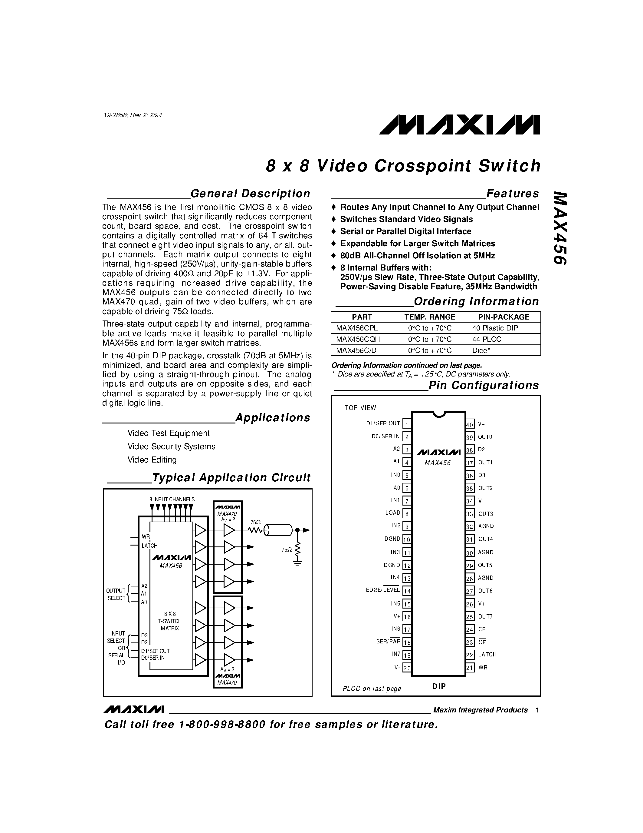 Datasheet MAX456 - 8 x 8 Video Crosspoint Switch page 1