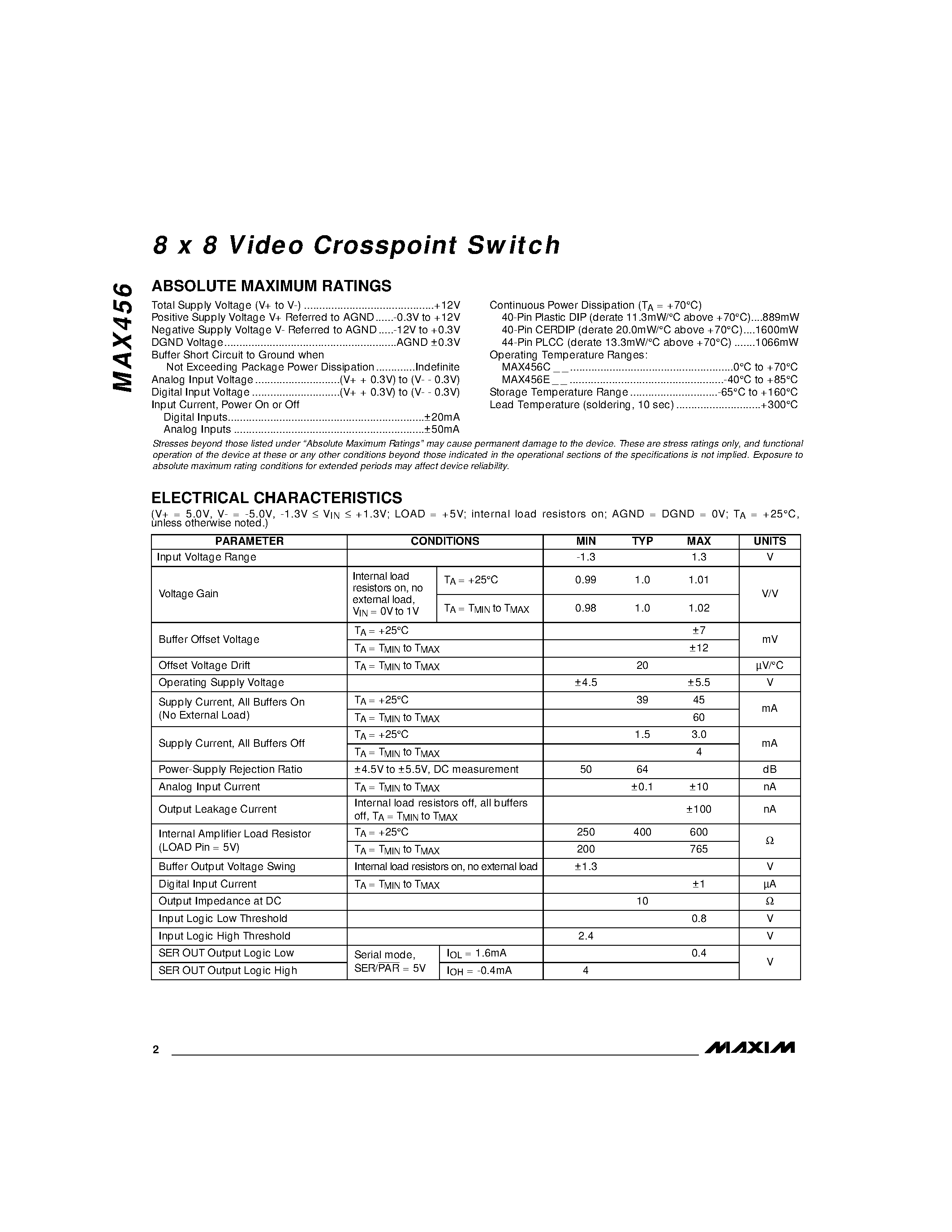 Datasheet MAX456 - 8 x 8 Video Crosspoint Switch page 2