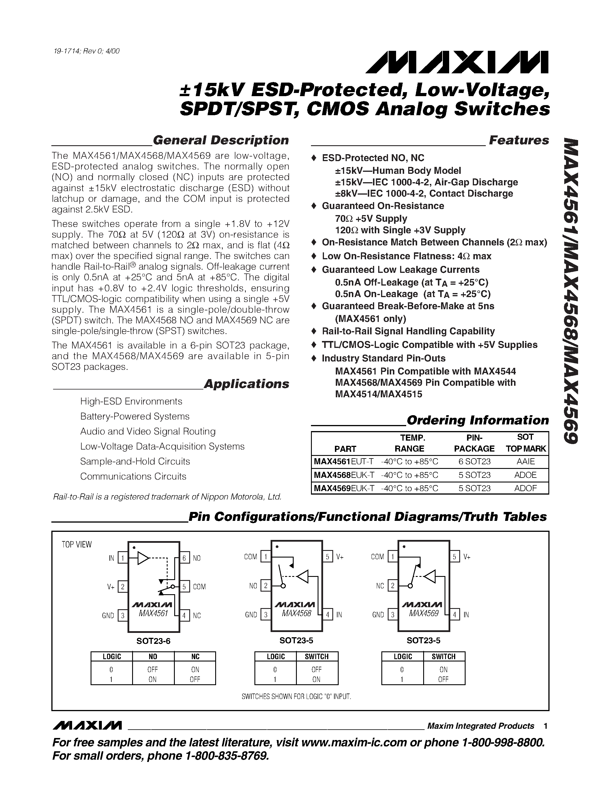 Datasheet MAX4561 page 1 Datasheet MAX4561 - 15kV ESD-Protected / Low-Voltage / SPDT/SPST / CMOS Analog Switches page 1