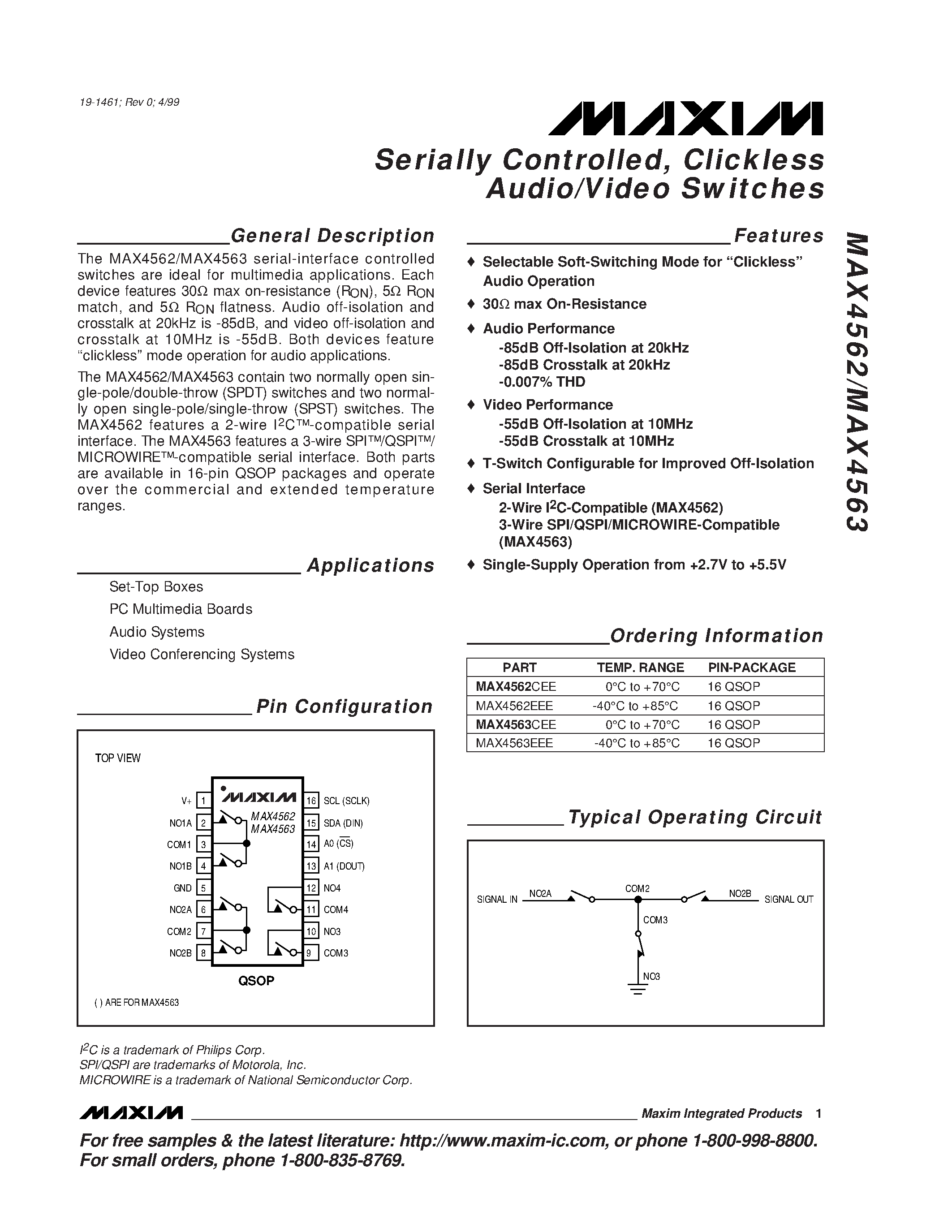 Datasheet MAX4563EEE page 1 Datasheet MAX4563EEE - Serially Controlled / Clickless Audio/Video Switches page 1