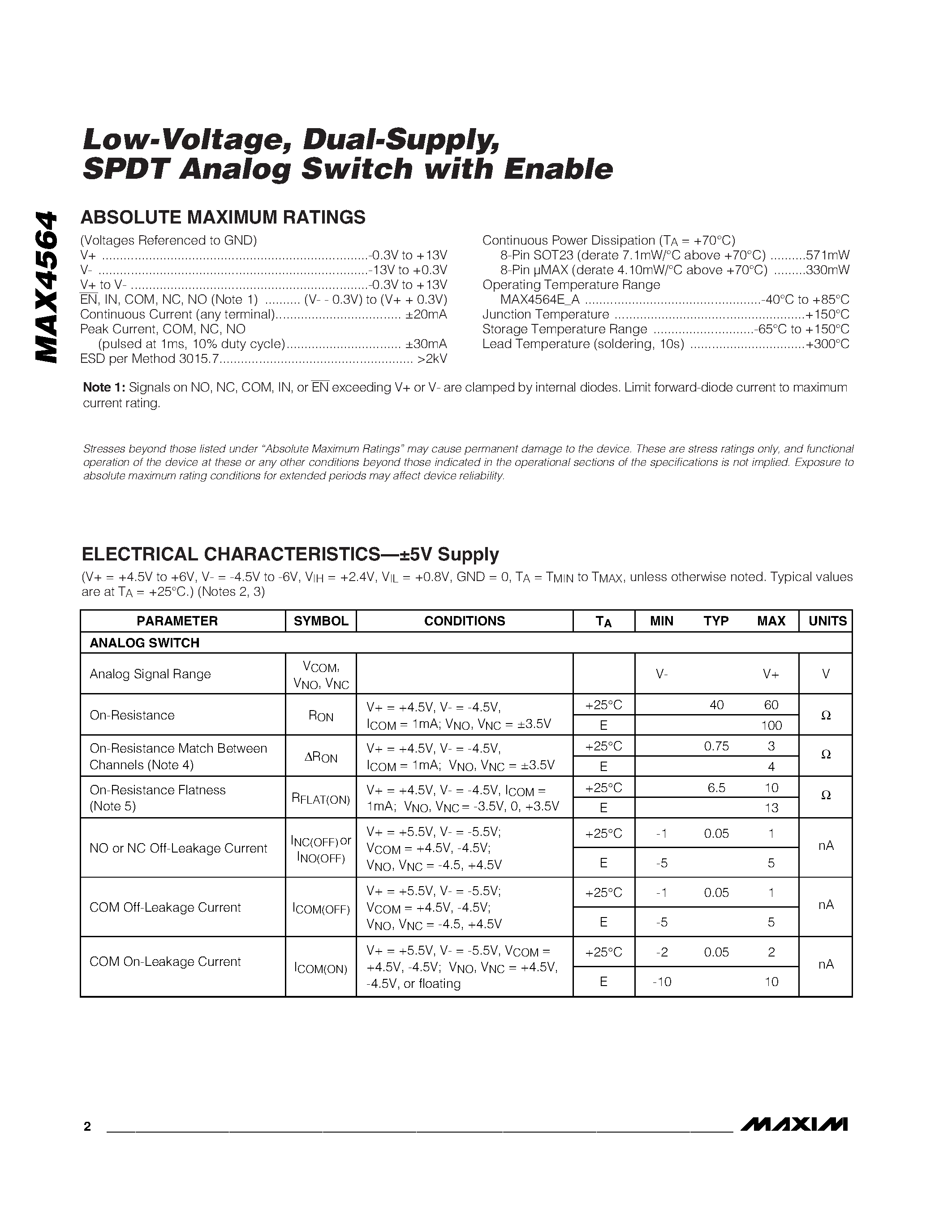 Datasheet MAX4564 page 2 Datasheet MAX4564 - Low-Voltage / Dual-Supply / SPDT Analog Switch with Enable page 2