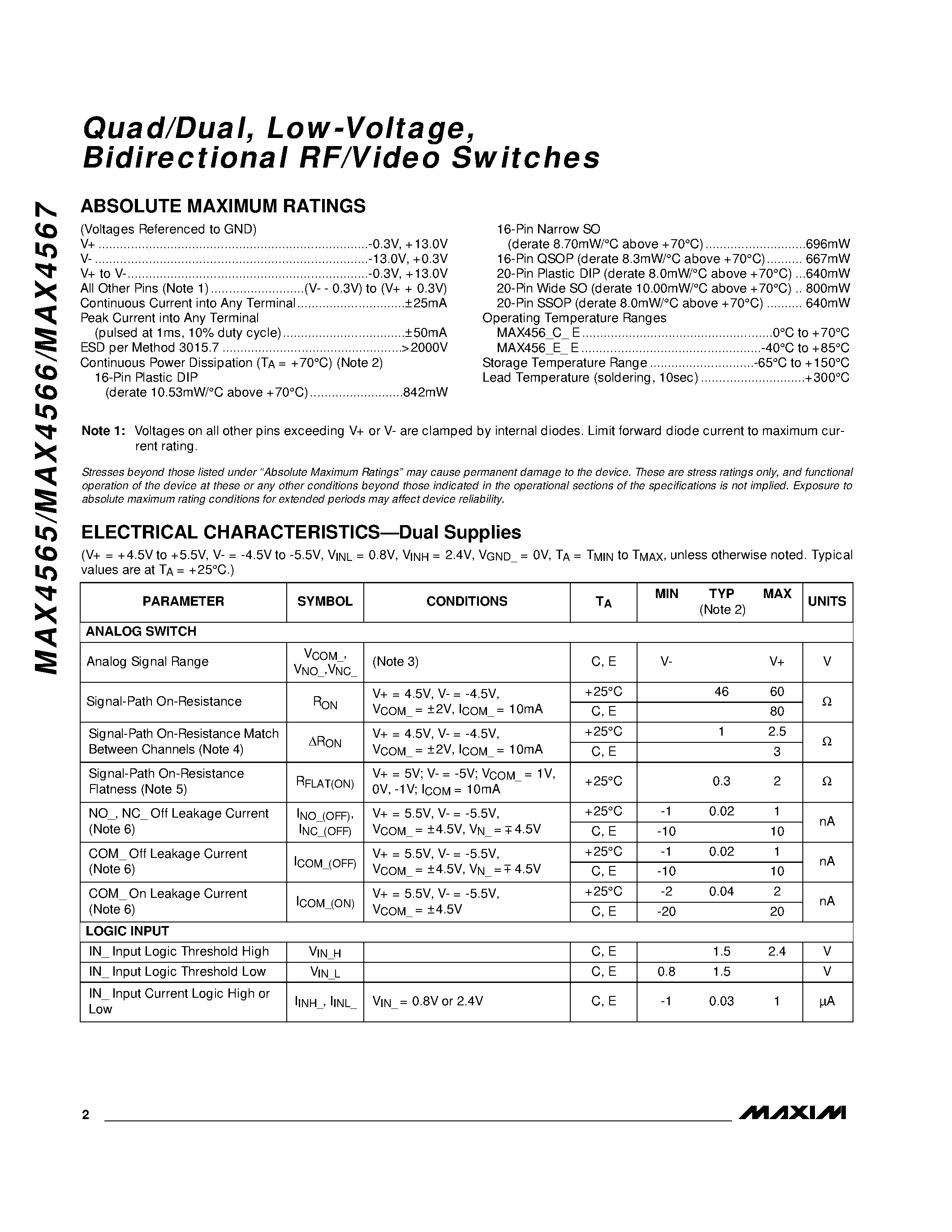 Datasheet MAX4566C/D page 2 Datasheet MAX4566C/D - Quad/Dual / Low-Voltage / Bidirectional RF/Video Switches page 2