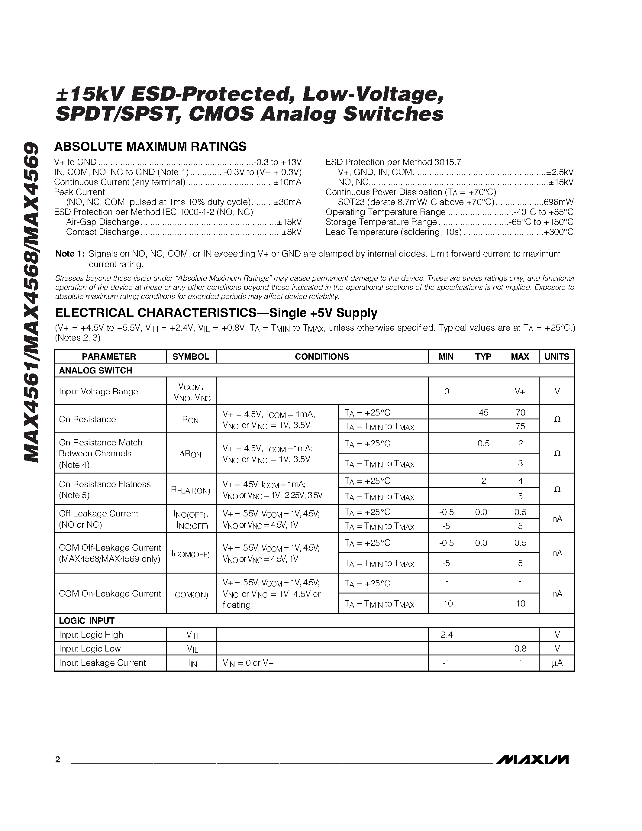 Даташит MAX4568EUK-T - 15kV ESD-Protected / Low-Voltage / SPDT/SPST / CMOS Analog Switches страница 2