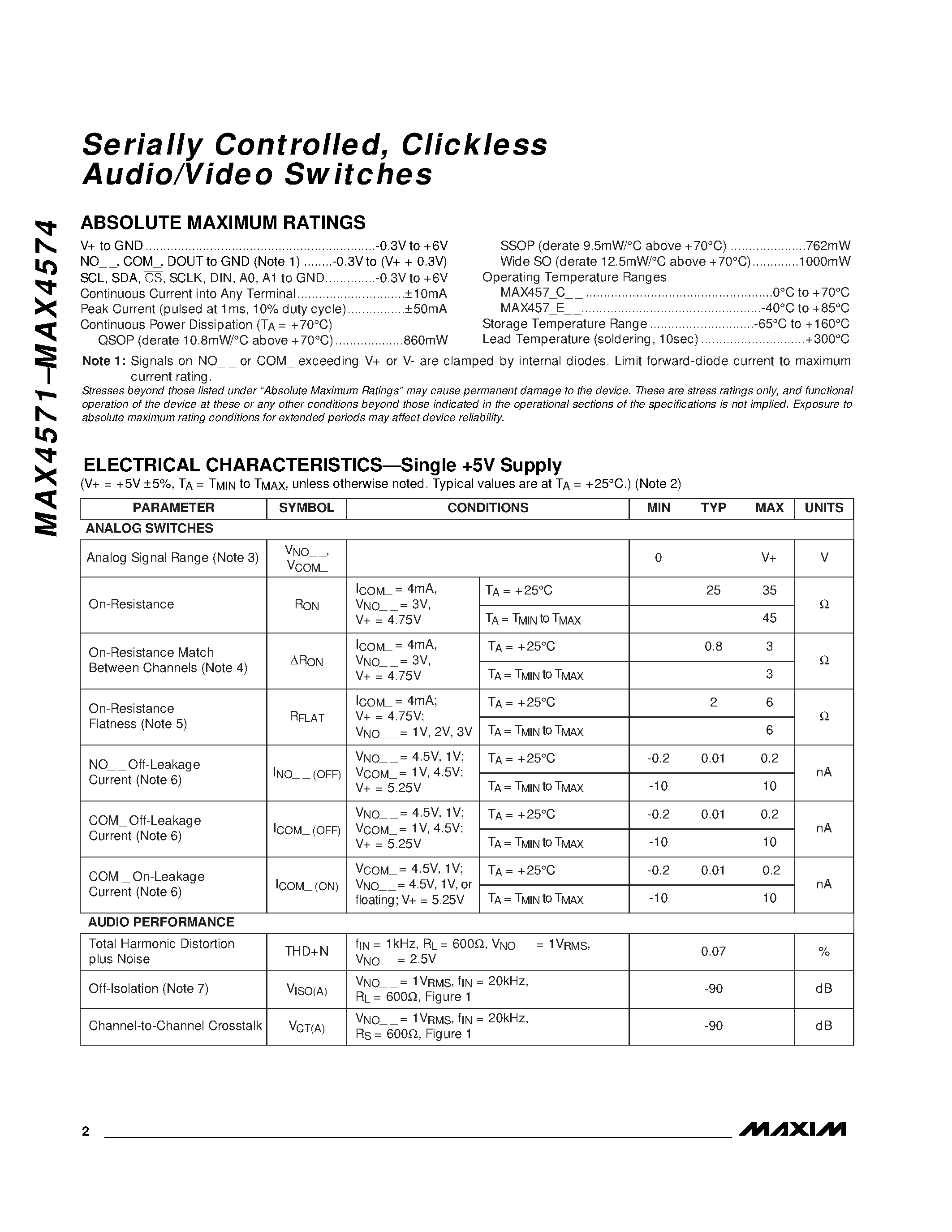 Datasheet MAX4571CAI page 2 Datasheet MAX4571CAI - Serially Controlled / Clickless Audio/Video Switches page 2