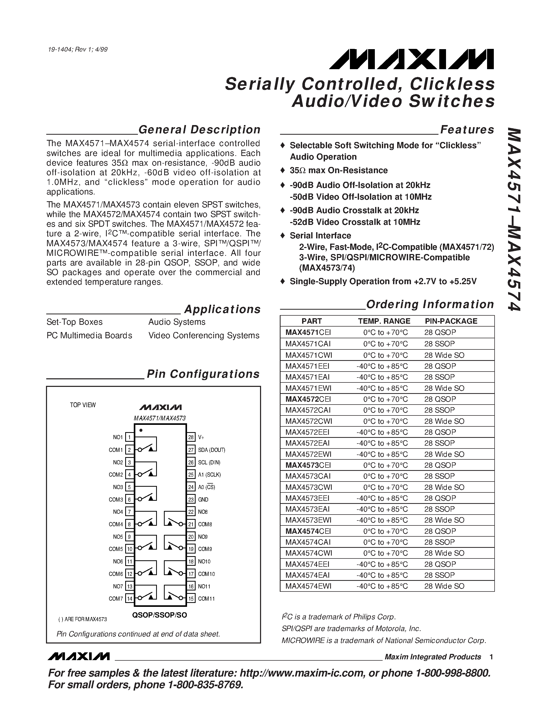 Datasheet MAX4572CEI page 1 Datasheet MAX4572CEI - Serially Controlled / Clickless Audio/Video Switches page 1