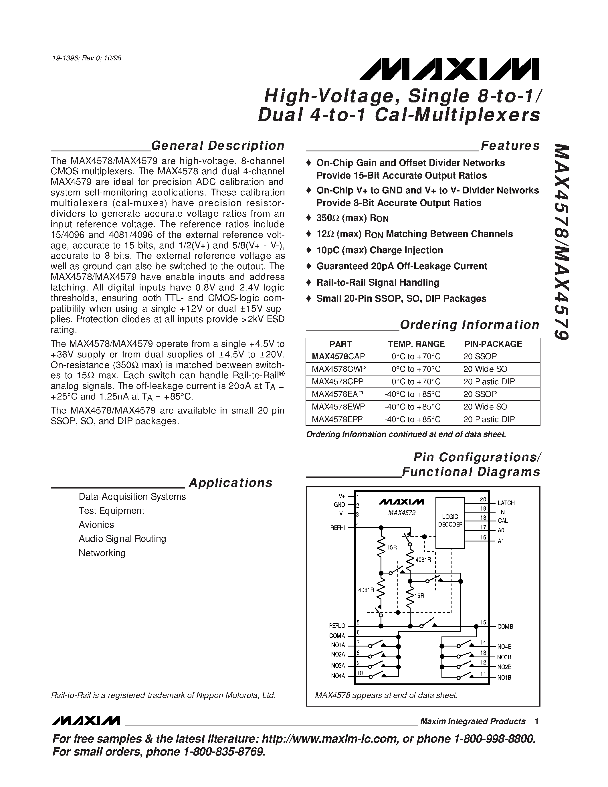 Datasheet MAX4578EPP - High-Voltage / Single 8-to-1/ Dual 4-to-1 Cal-Multiplexers page 1