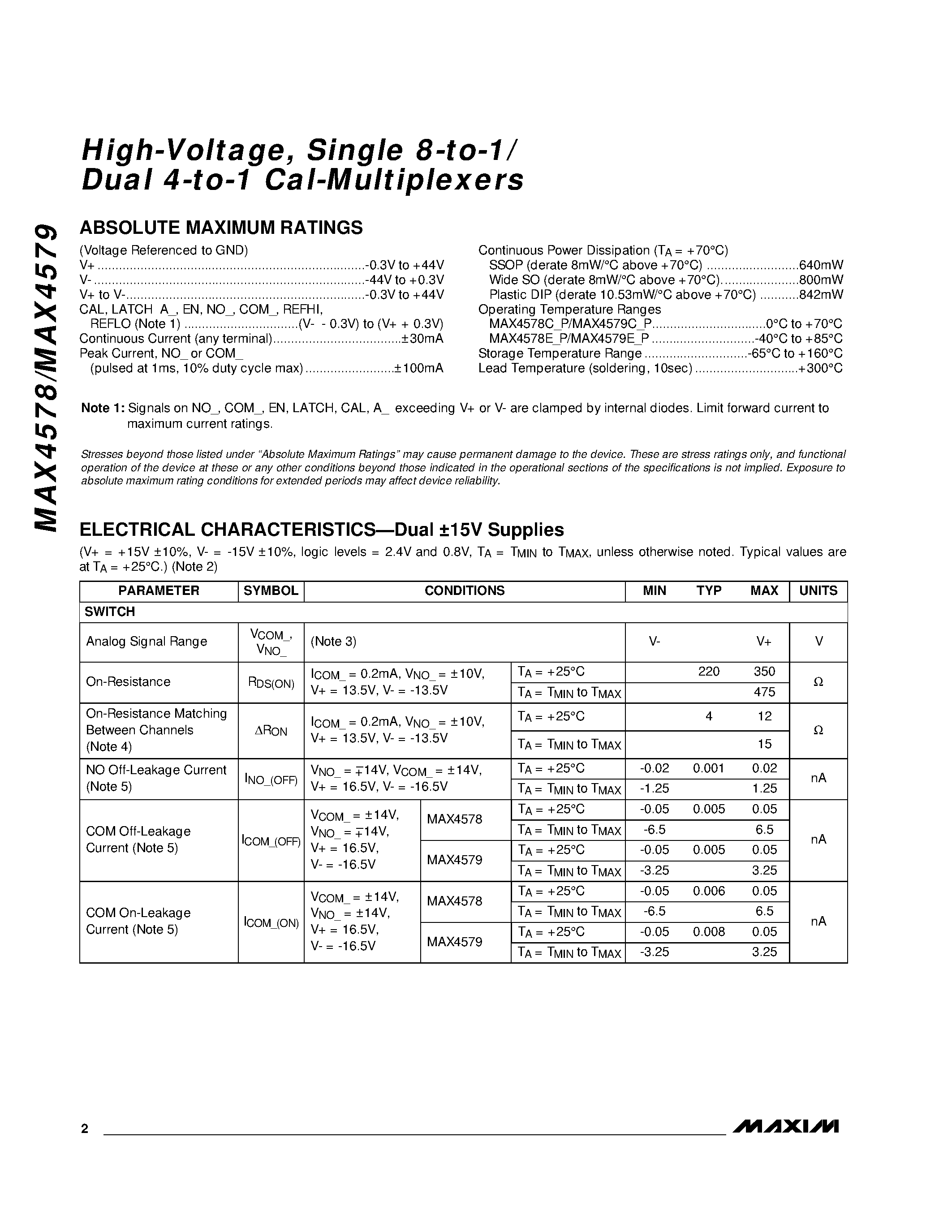 Datasheet MAX4579CAP - High-Voltage / Single 8-to-1/ Dual 4-to-1 Cal-Multiplexers page 2