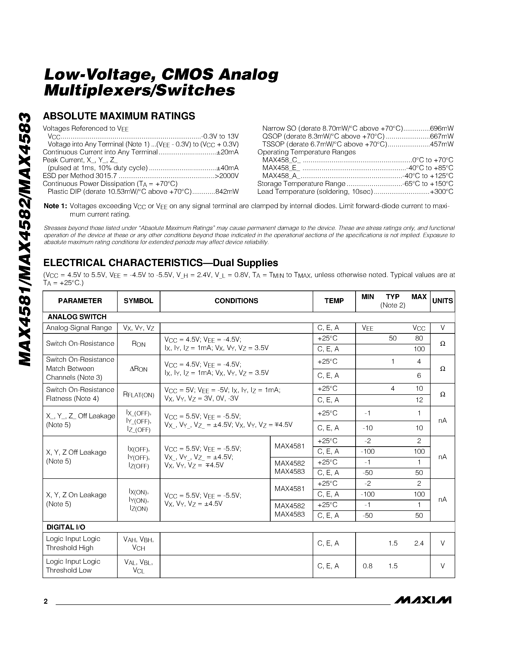Datasheet MAX4582 page 2 Datasheet MAX4582 - Low-Voltage / CMOS Analog Multiplexers/Switches page 2