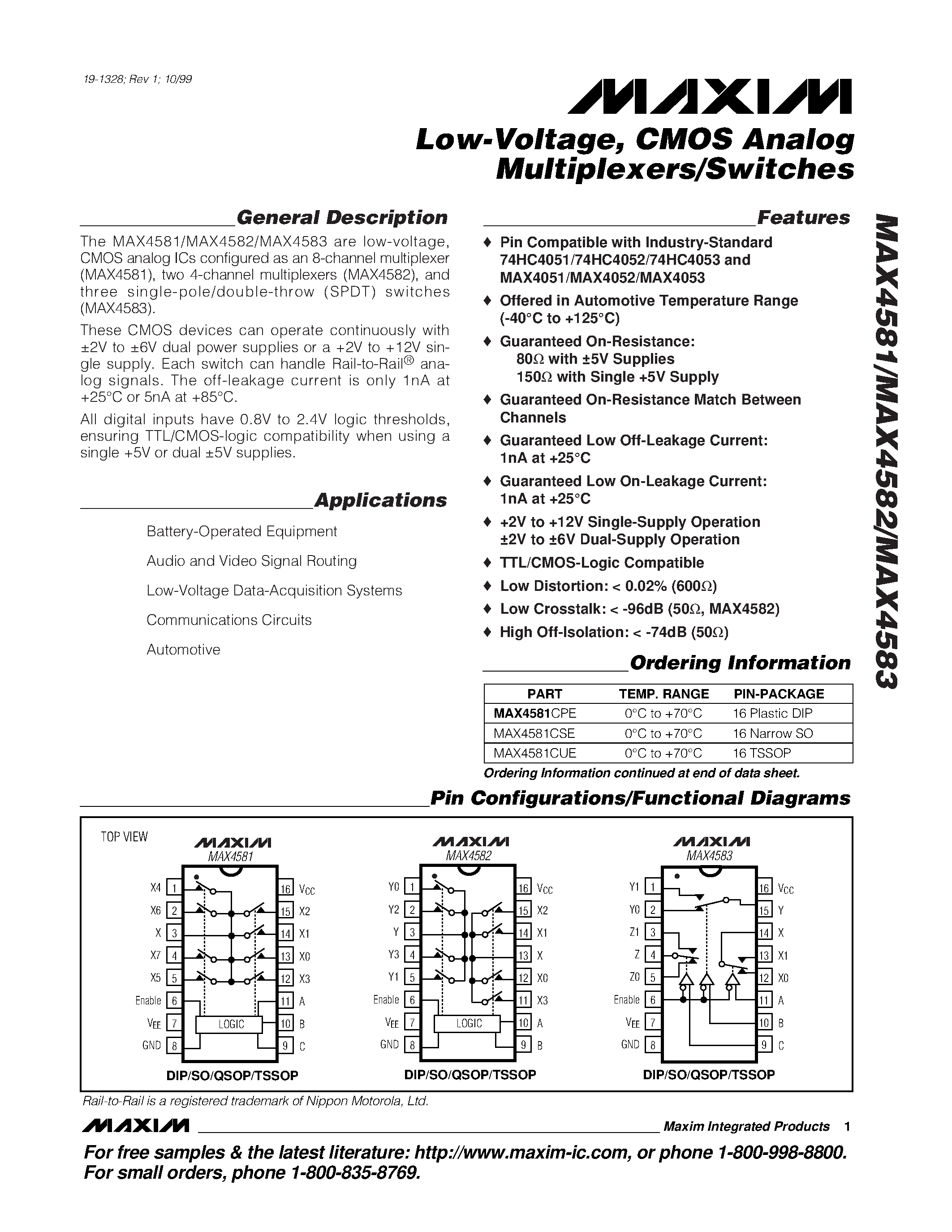 Datasheet MAX4583 - Low-Voltage / CMOS Analog Multiplexers/Switches page 1