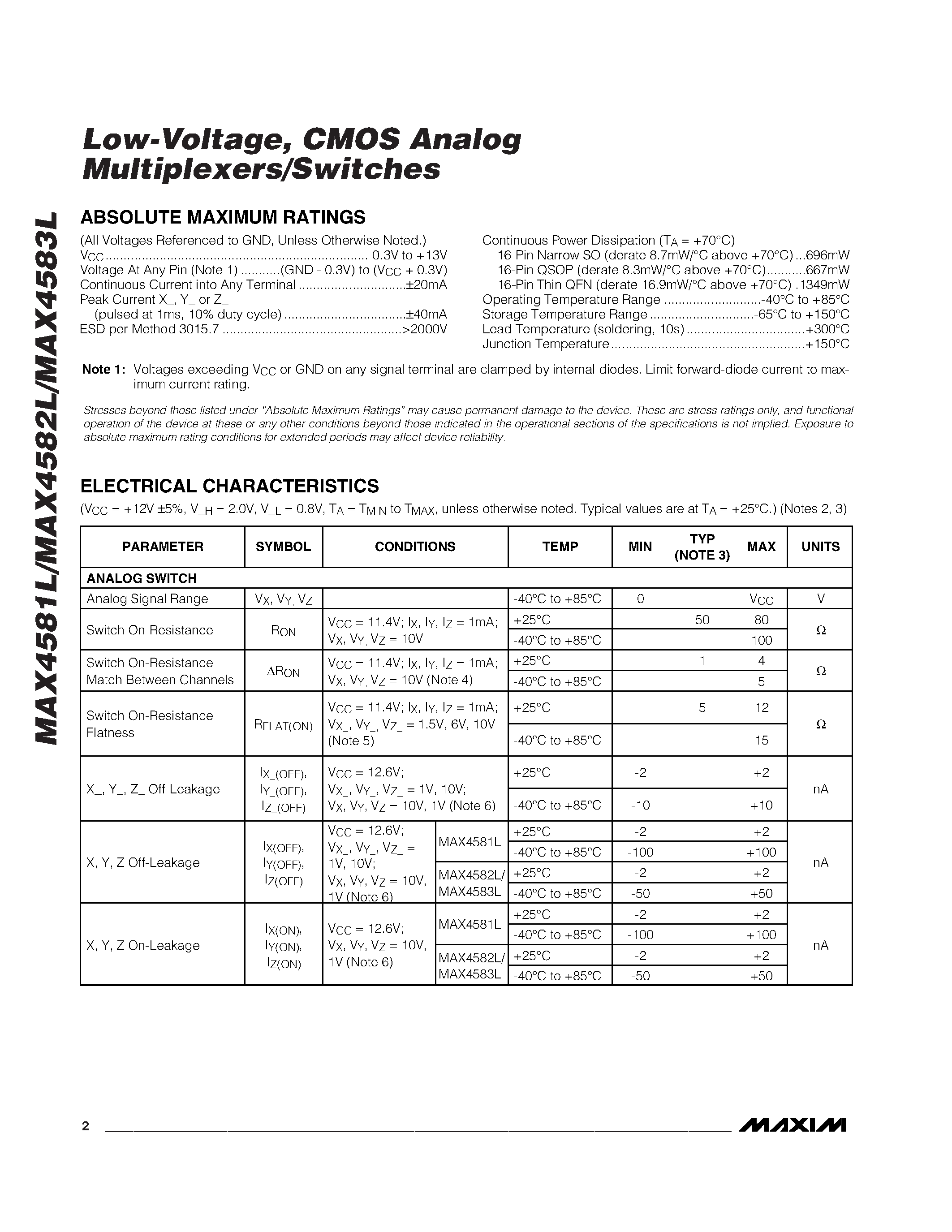 Datasheet MAX4583L page 2 Datasheet MAX4583L - Low-Voltage / CMOS Analog Multiplexers/Switches page 2