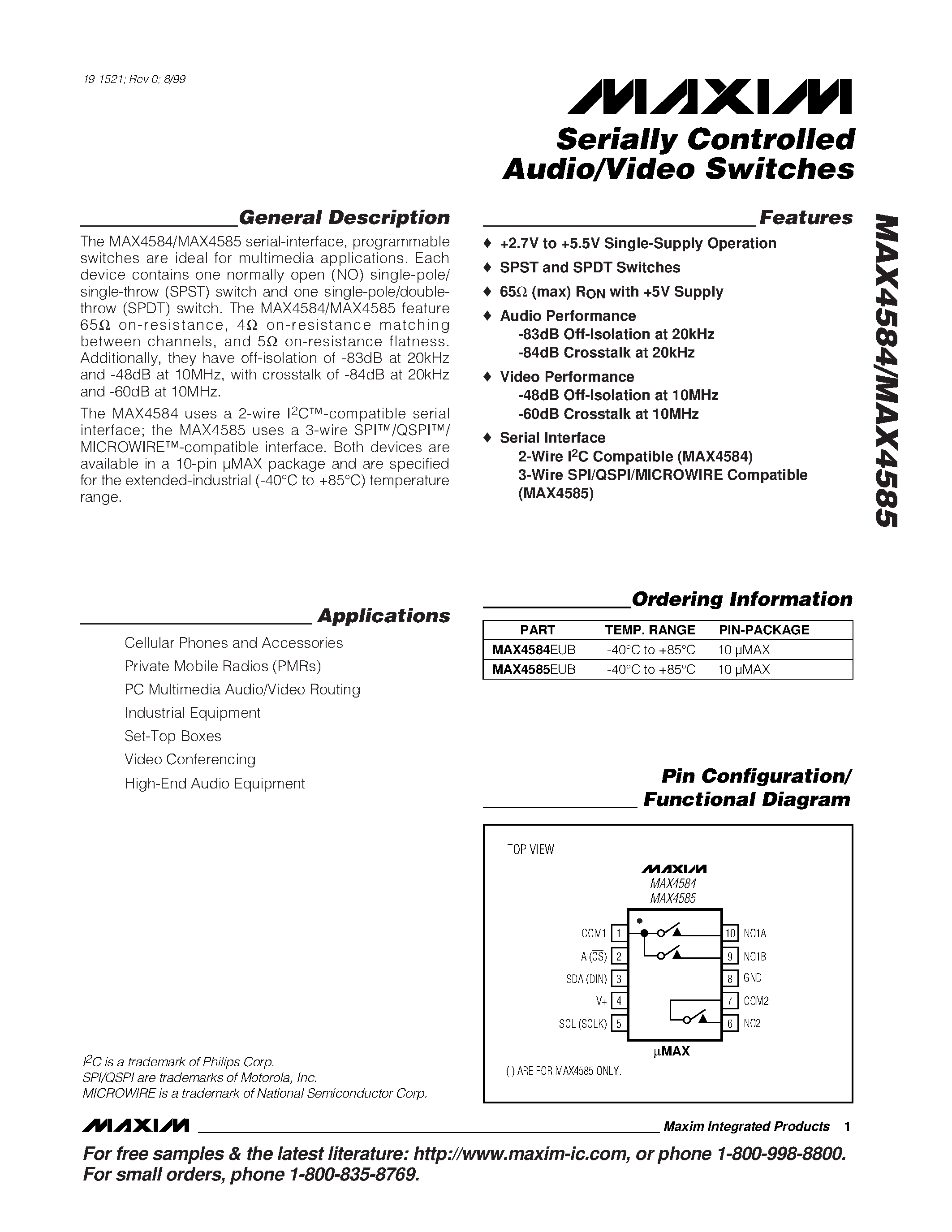 Datasheet MAX4584EUB page 1 Datasheet MAX4584EUB - Serially Controlled Audio/Video Switches page 1