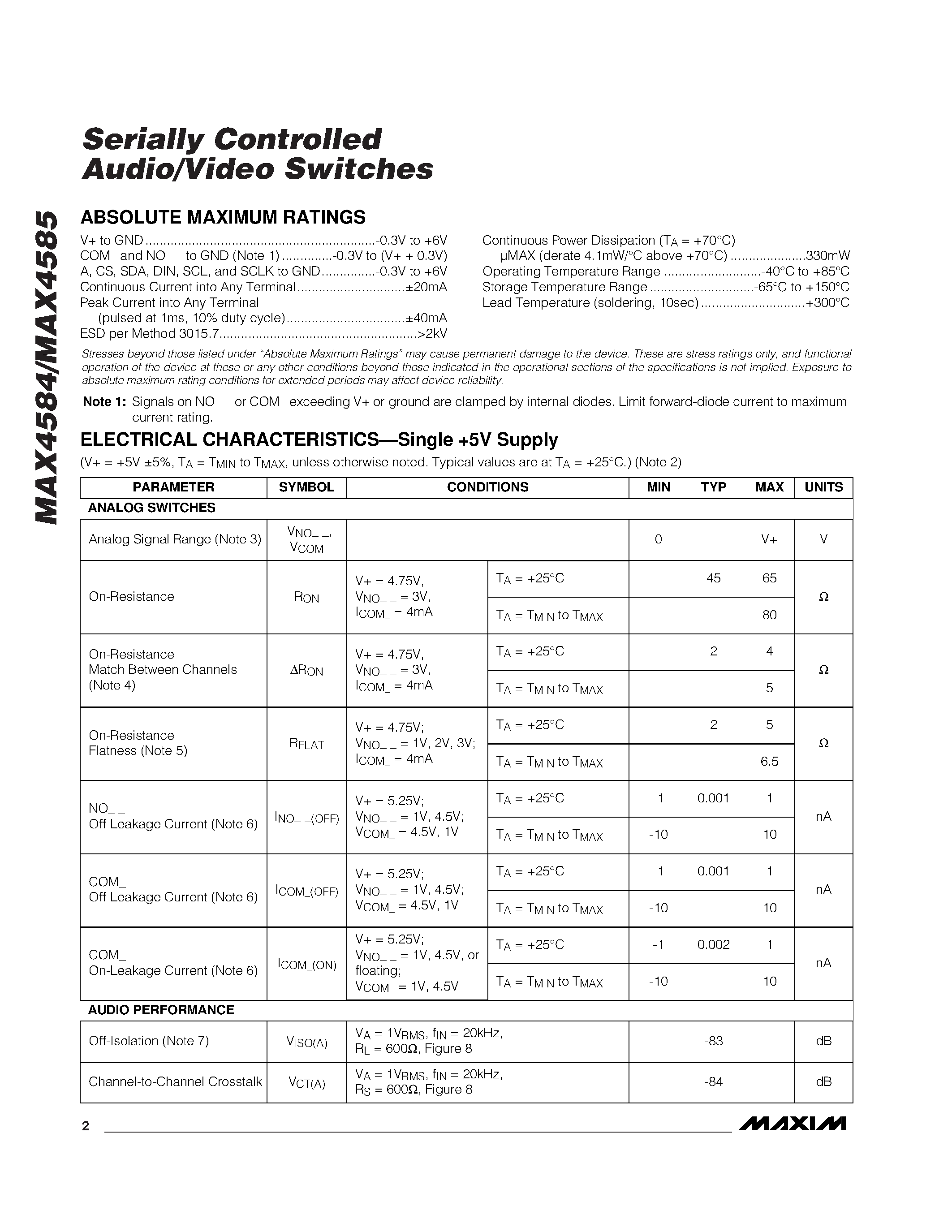 Datasheet MAX4584EUB page 2 Datasheet MAX4584EUB - Serially Controlled Audio/Video Switches page 2