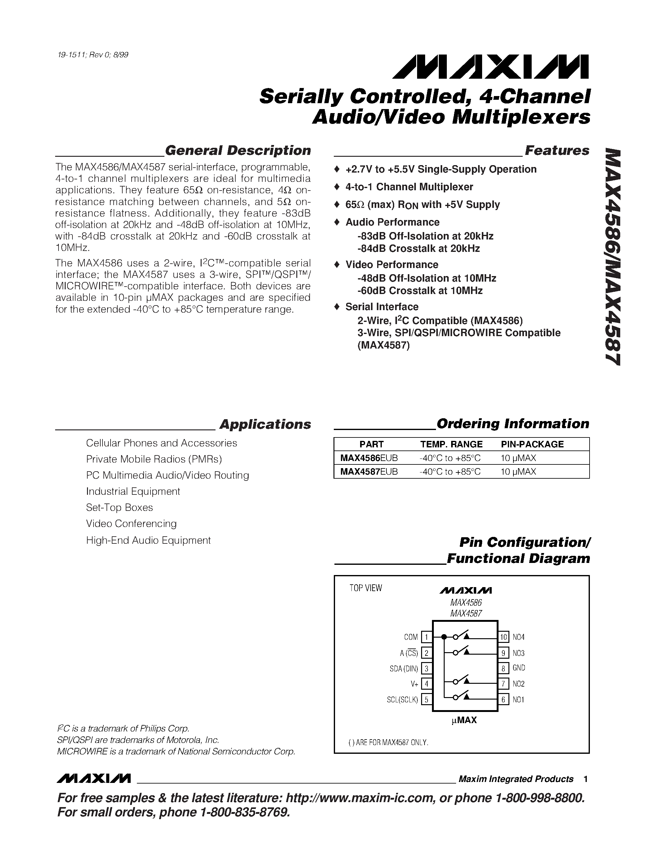 Datasheet MAX4587EUB - Serially Controlled / 4-Channel Audio/Video Multiplexers page 1