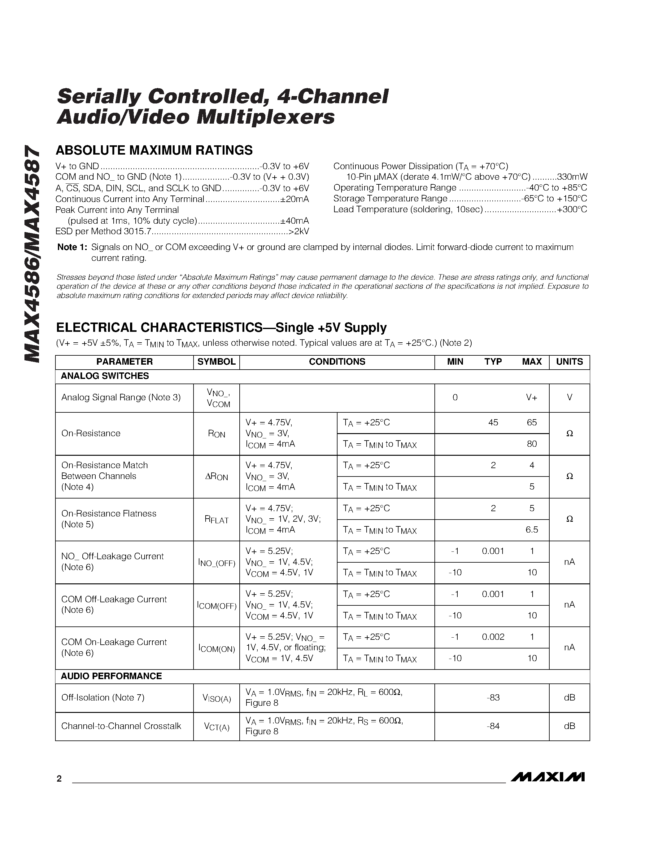 Datasheet MAX4587EUB - Serially Controlled / 4-Channel Audio/Video Multiplexers page 2